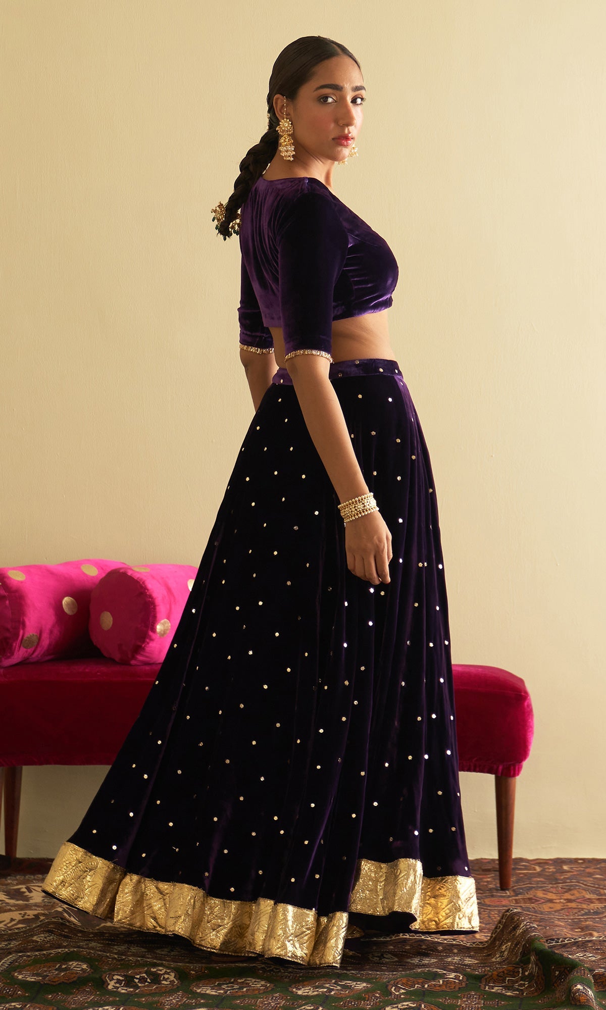 Sufiya Velvet Purple Embroidered Mukaish lehenga with velvet blouse and shawl (set of 3)