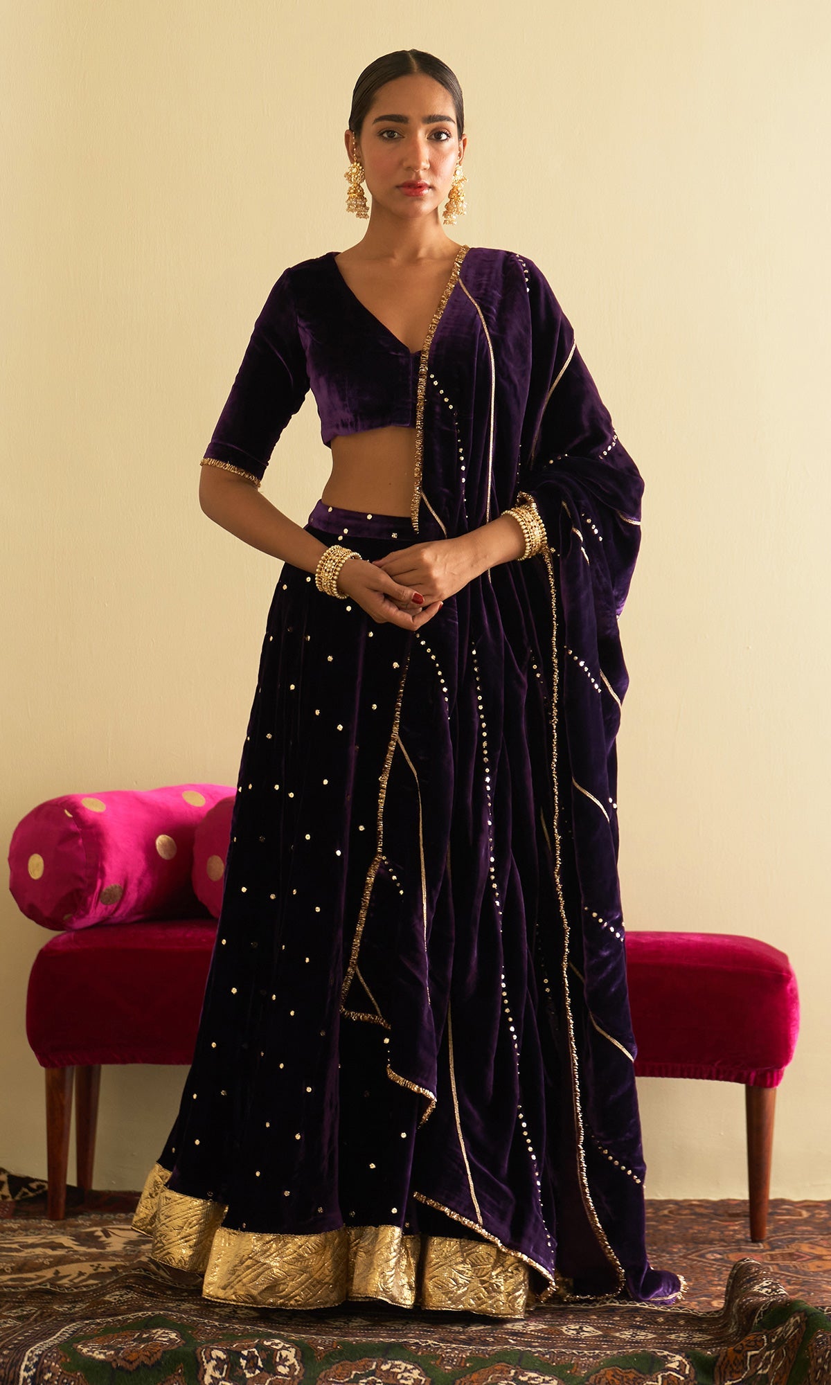 Sufiya Velvet Purple Embroidered Mukaish lehenga with velvet blouse and shawl (set of 3)