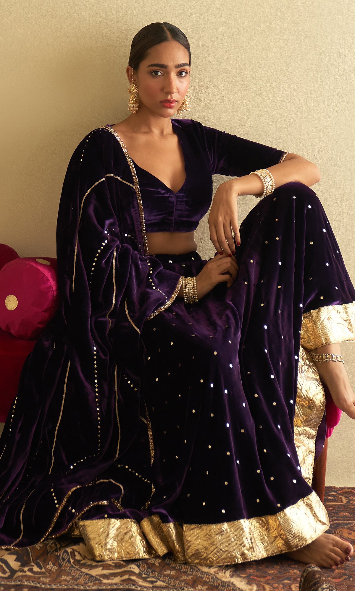 Sufiya Velvet Purple Embroidered Mukaish lehenga with velvet blouse and shawl (set of 3)