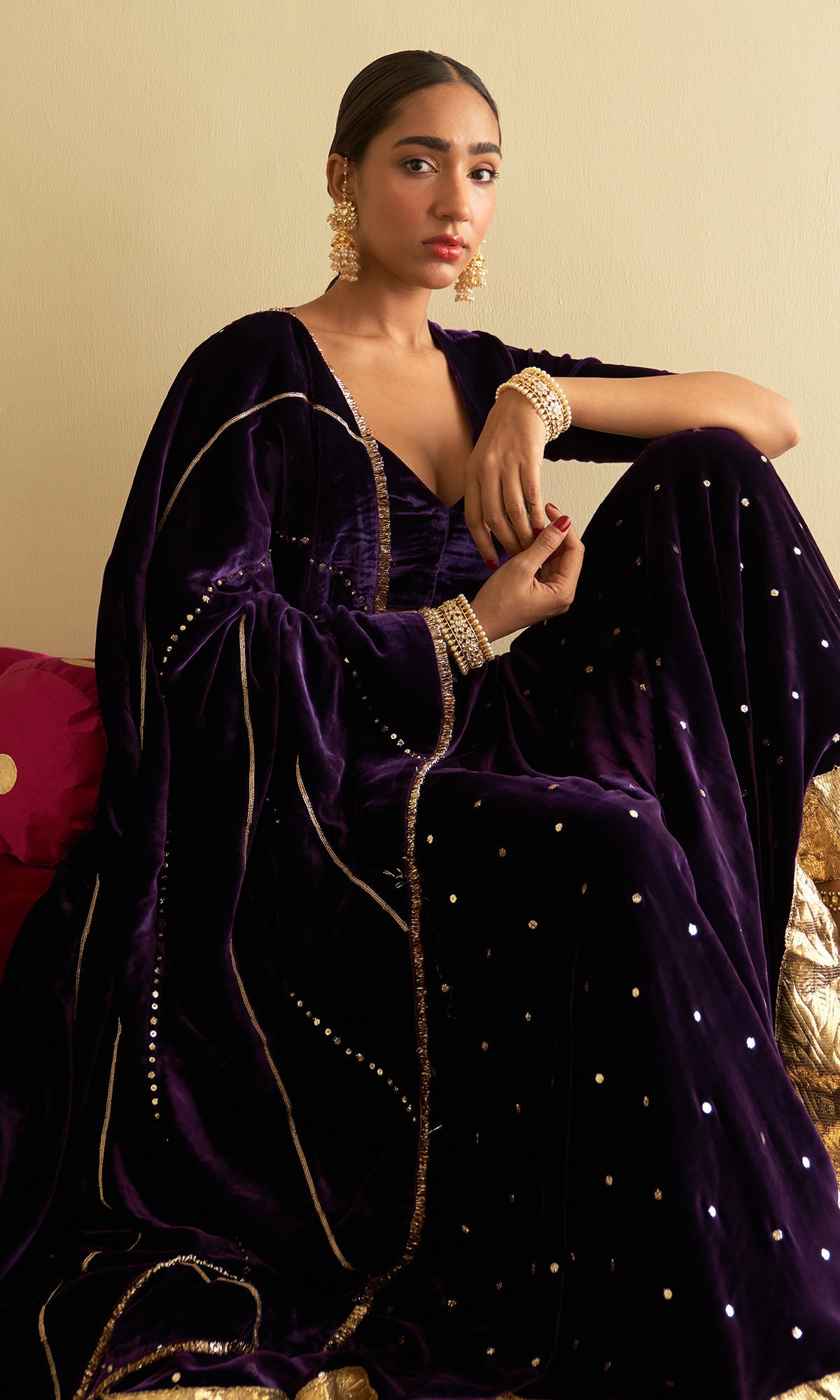 Sufiya Velvet Purple Embroidered Mukaish lehenga with velvet blouse and shawl (set of 3)