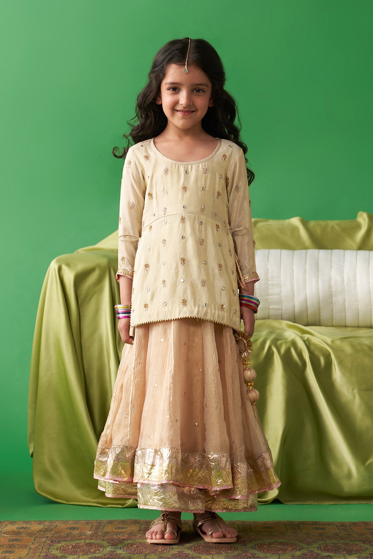 Jhoom gold Short kurti with tissue gold lehenga and dupatta (set of 3)