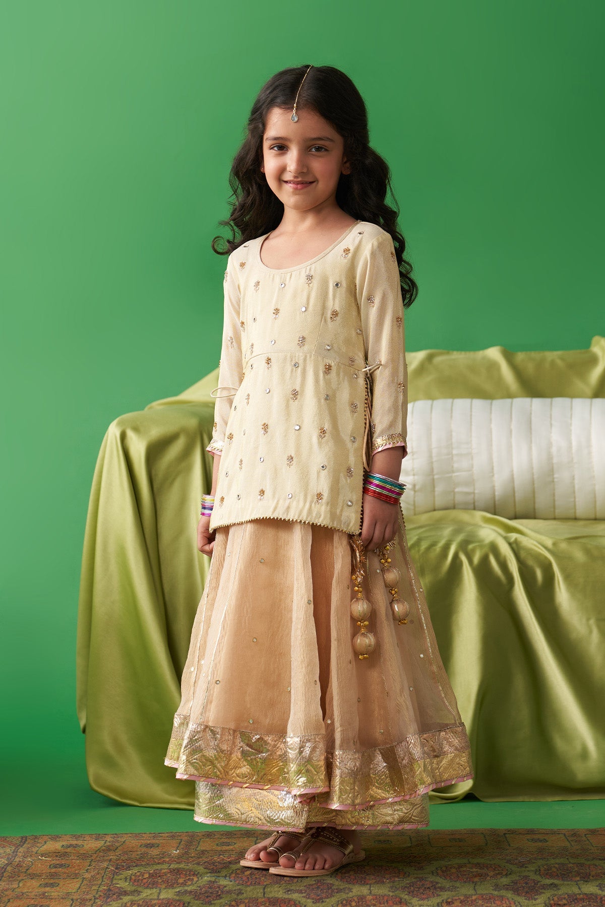 Jhoom gold Short kurti with tissue gold lehenga and dupatta (set of 3)