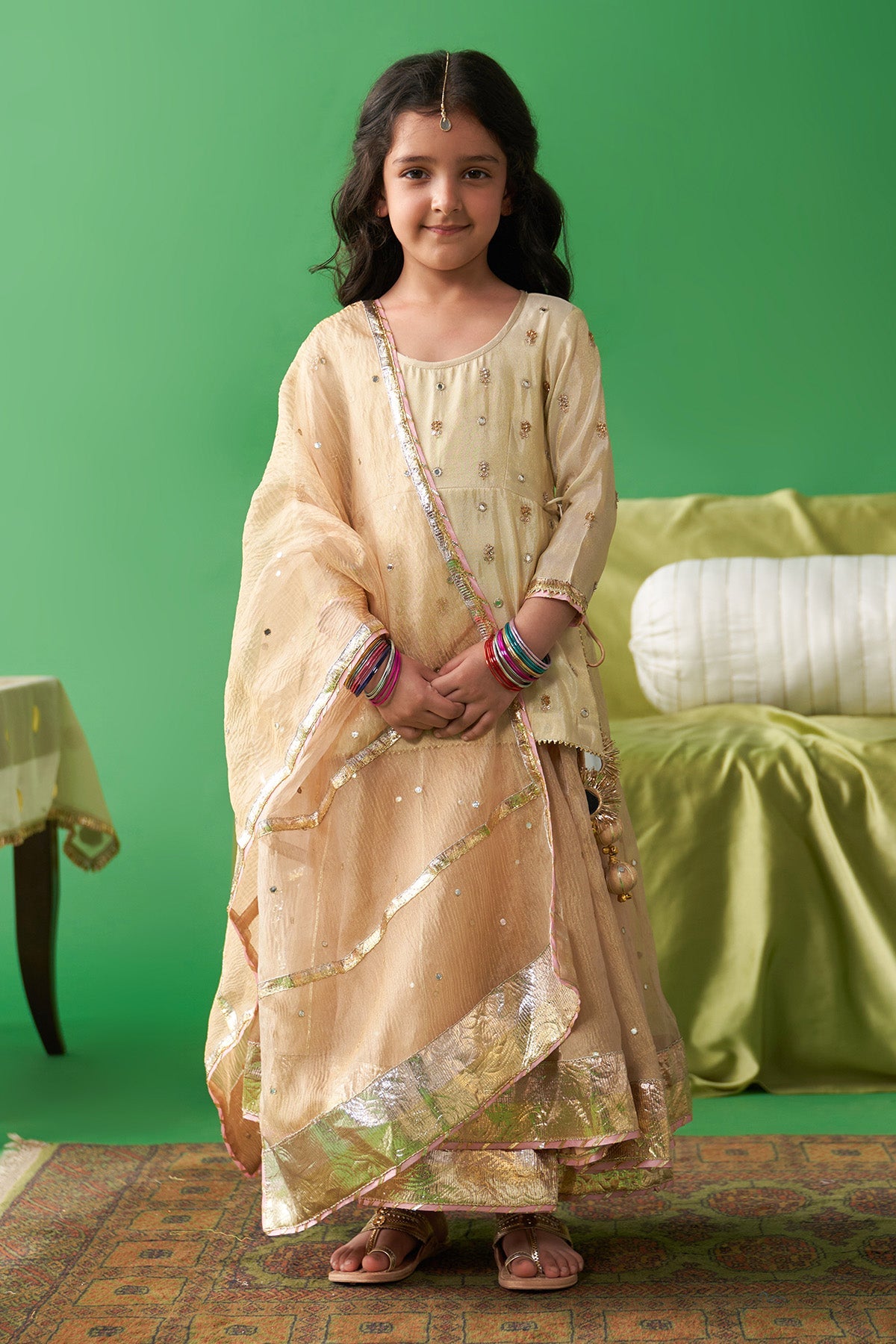 Jhoom gold Short kurti with tissue gold lehenga and dupatta (set of 3)
