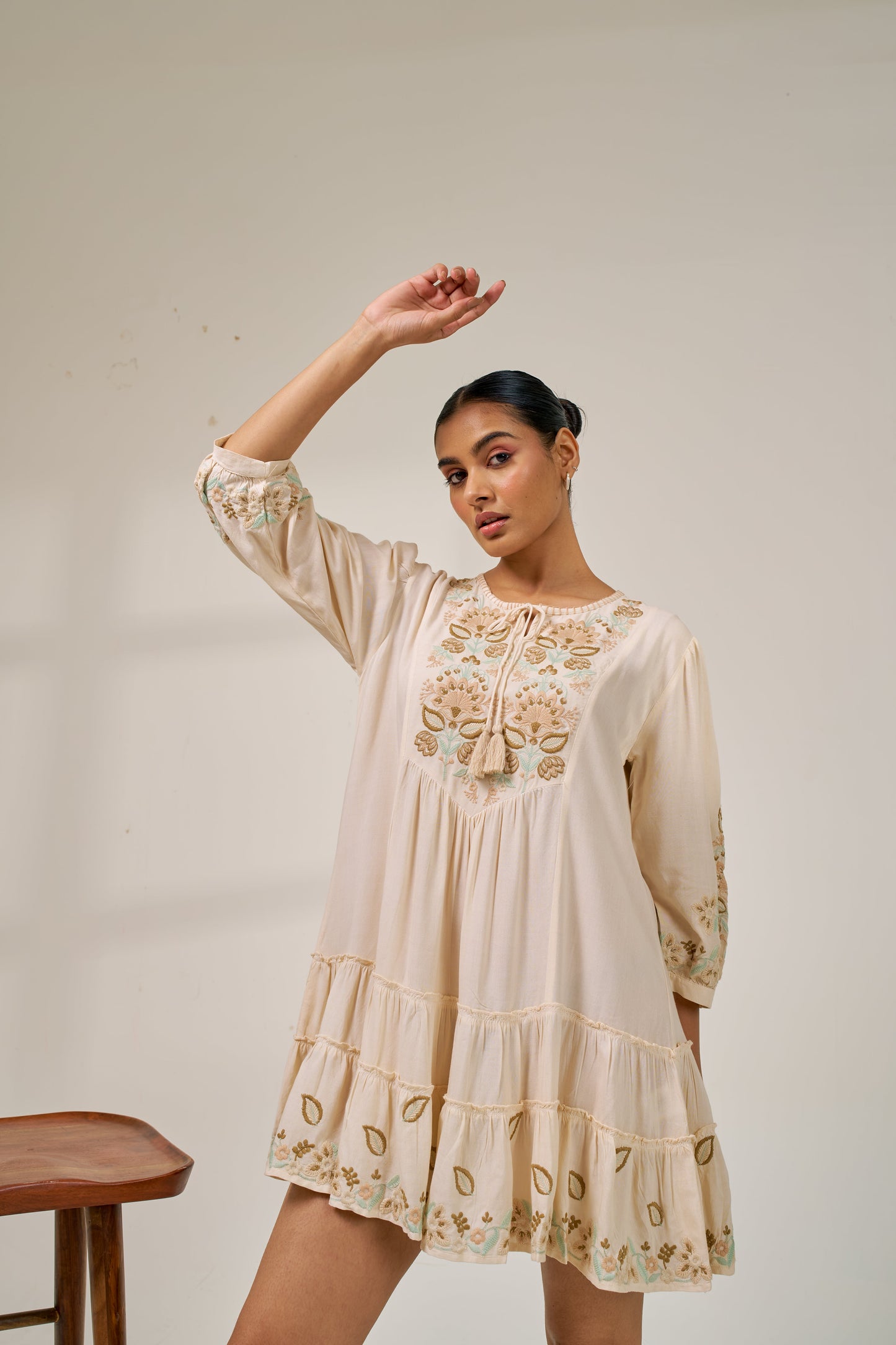 Nazaakat Meher Beige Bloom Embroidered Dress