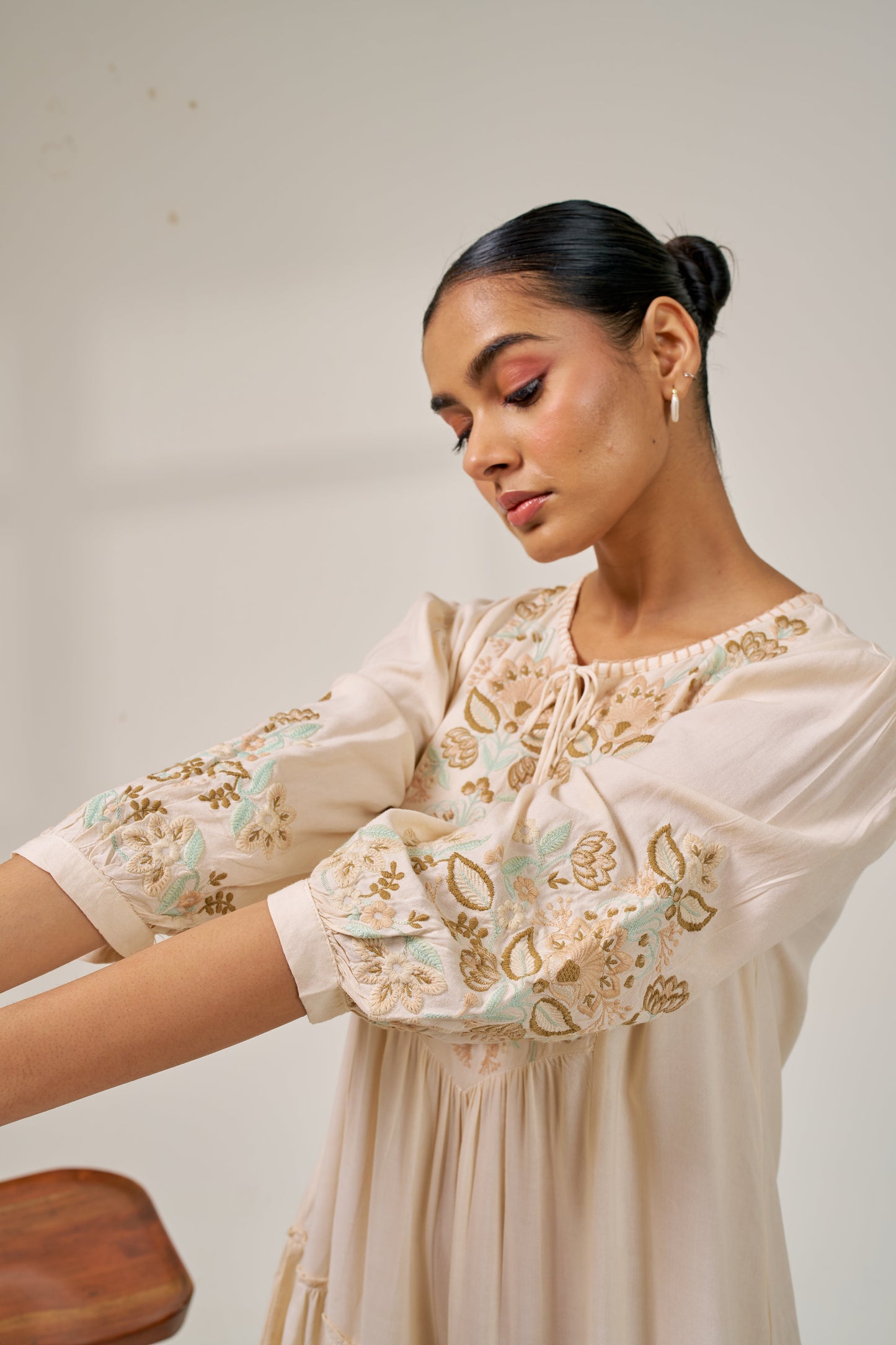 Nazaakat Meher Beige Bloom Embroidered Dress