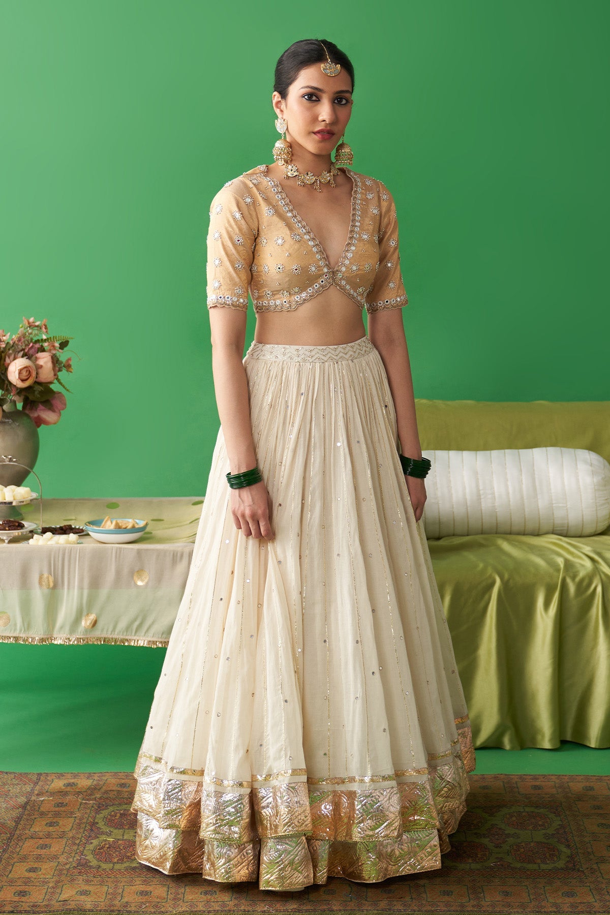 Jhoom Ivory double layer lehenga with embroidered blouse and chaand dupatta (set of 3)