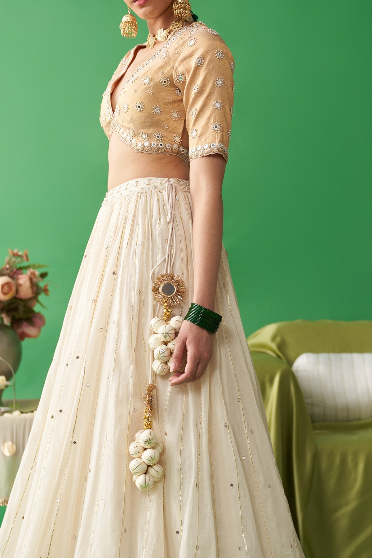 Jhoom Ivory double layer lehenga with embroidered blouse and chaand dupatta (set of 3)