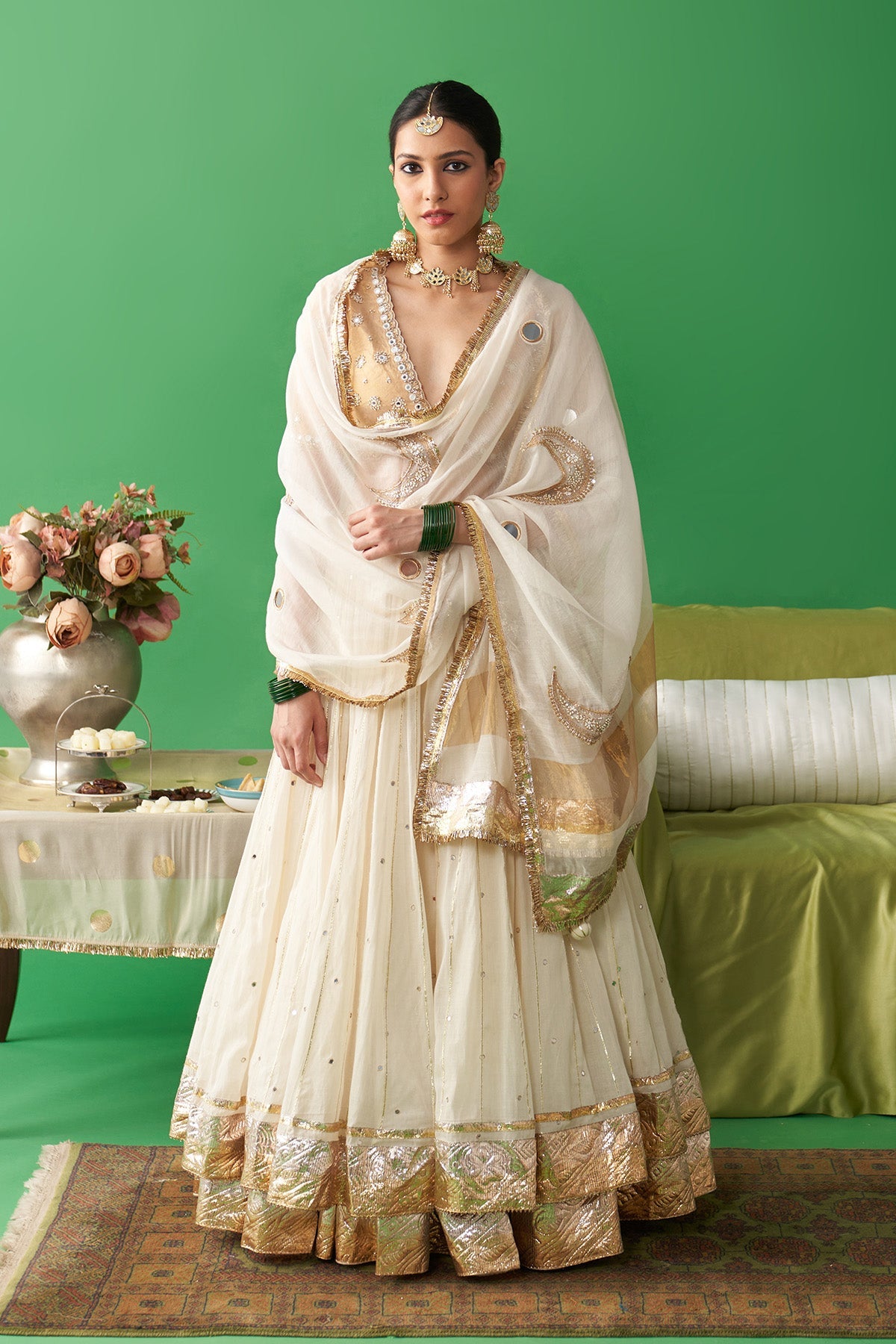 Jhoom Ivory double layer lehenga with embroidered blouse and chaand dupatta (set of 3)