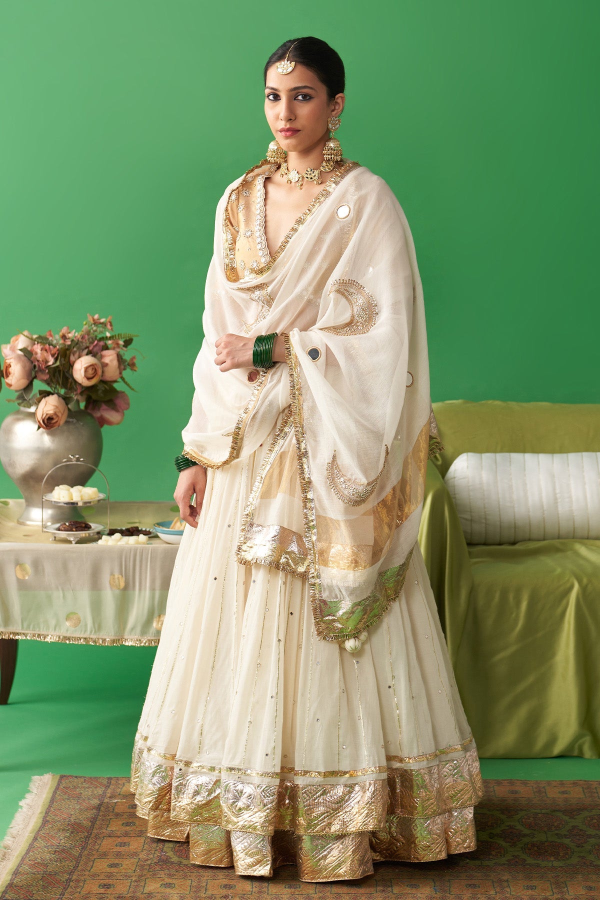 Jhoom Ivory double layer lehenga with embroidered blouse and chaand dupatta (set of 3)