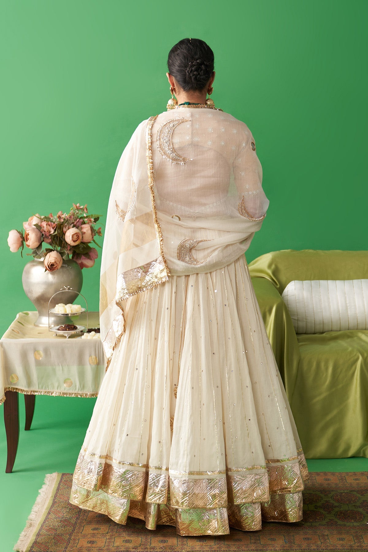 Jhoom Ivory double layer lehenga with embroidered blouse and chaand dupatta (set of 3)