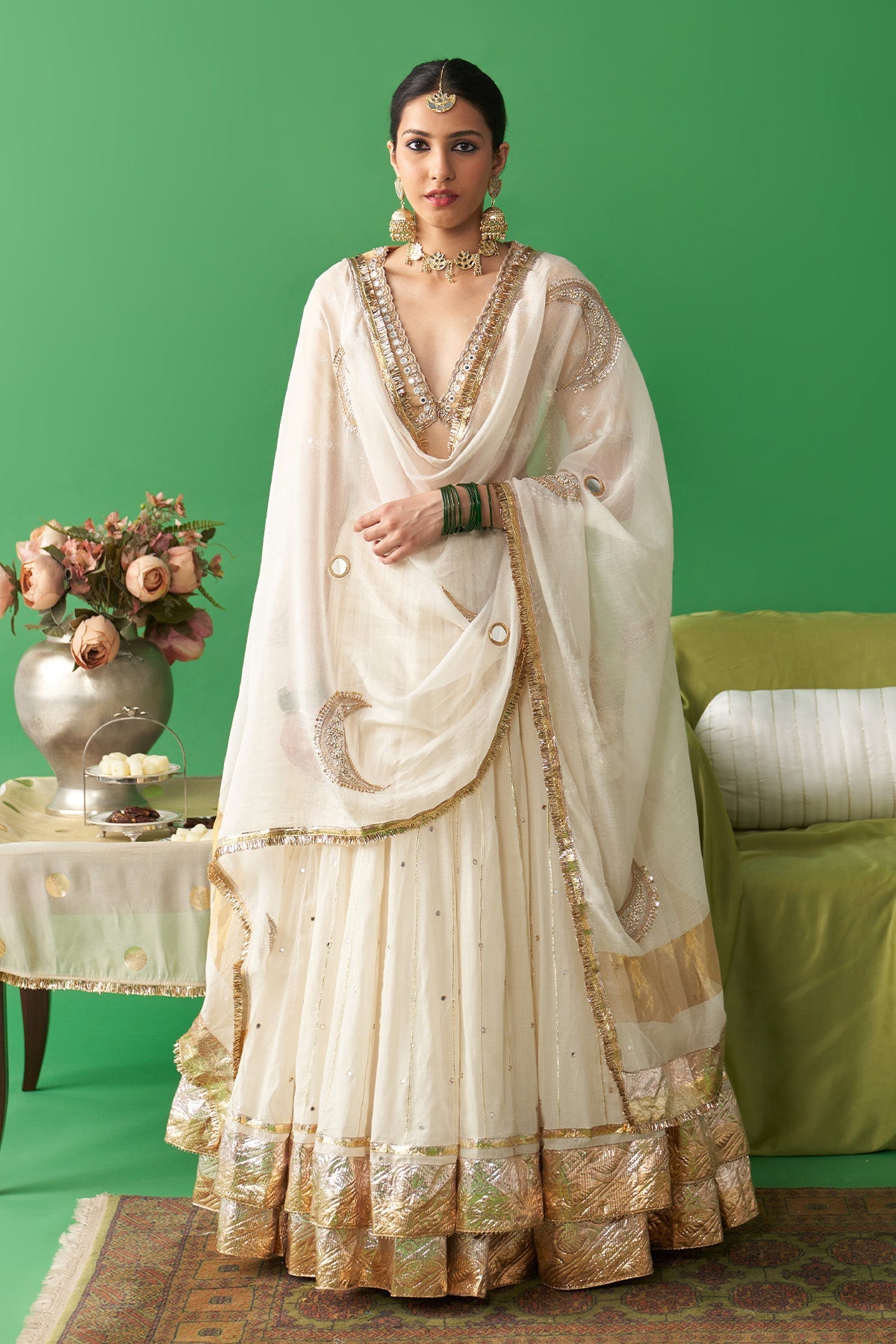 Jhoom Ivory double layer lehenga with embroidered blouse and chaand dupatta (set of 3)