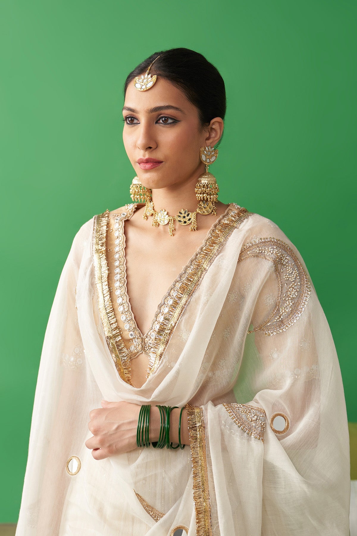 Jhoom Ivory double layer lehenga with embroidered blouse and chaand dupatta (set of 3)