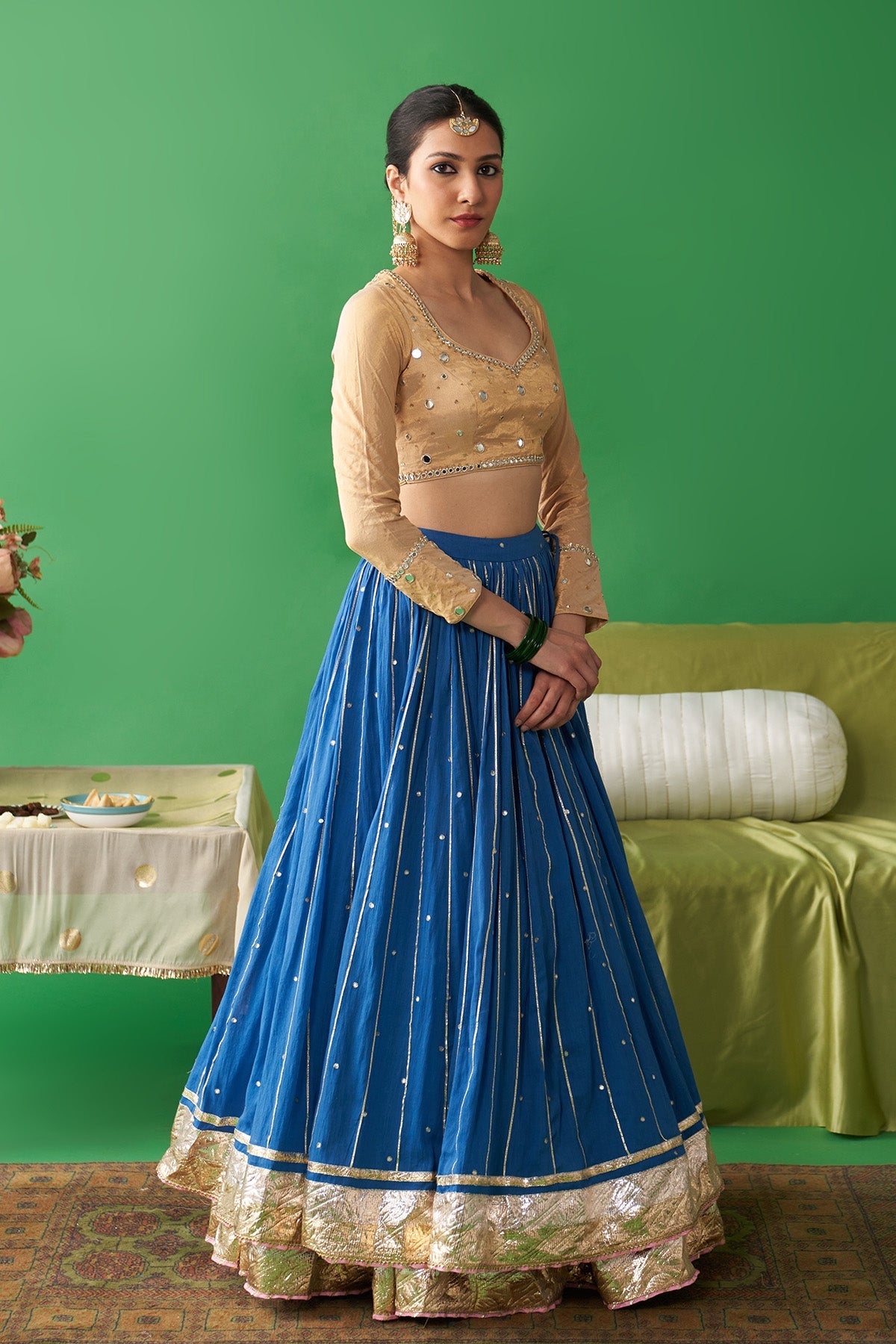 Jhoom Cobalt Blue double layer lehenga with embroidered gold blouse and embroidered chand dupatta (set of 3)