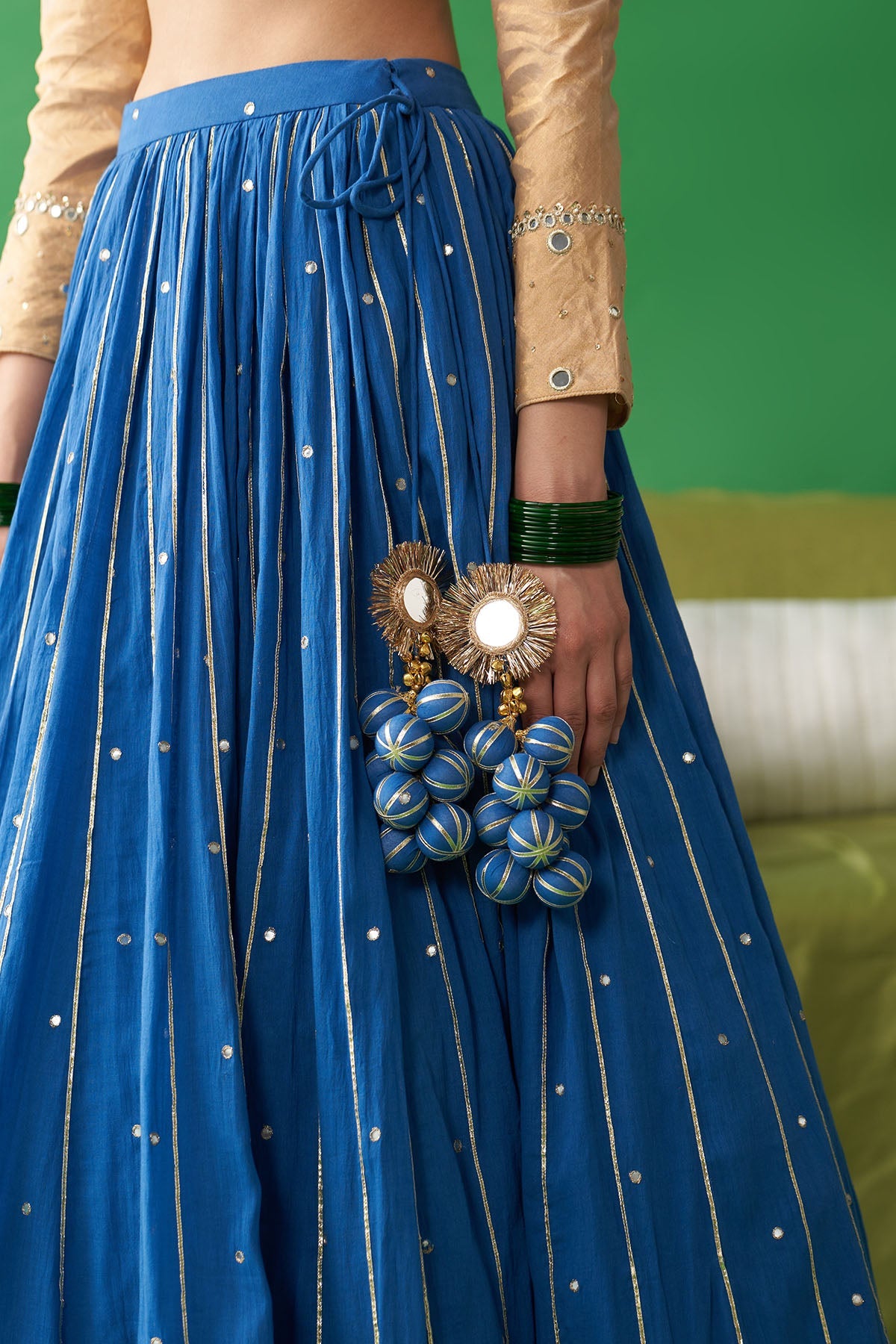 Jhoom Cobalt Blue double layer lehenga with embroidered gold blouse and embroidered chand dupatta (set of 3)