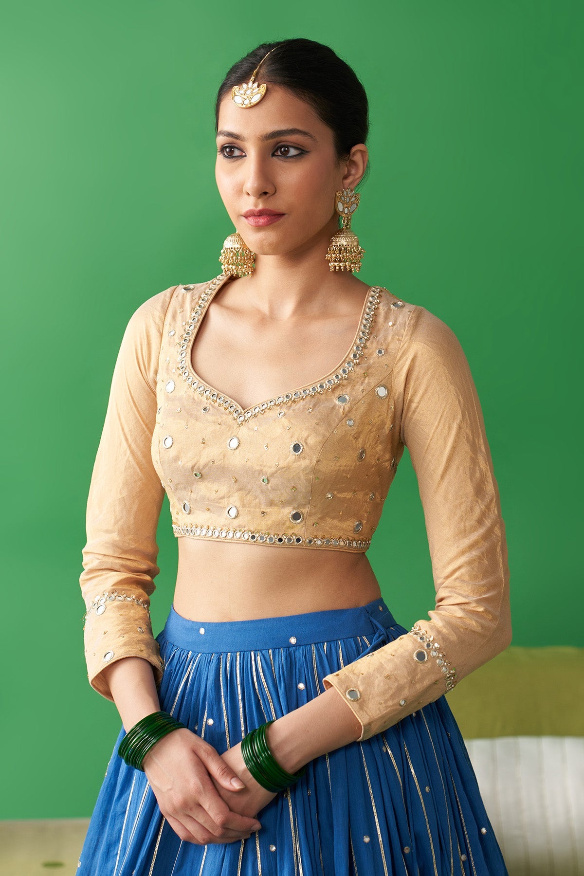 Jhoom Cobalt Blue double layer lehenga with embroidered gold blouse and embroidered chand dupatta (set of 3)