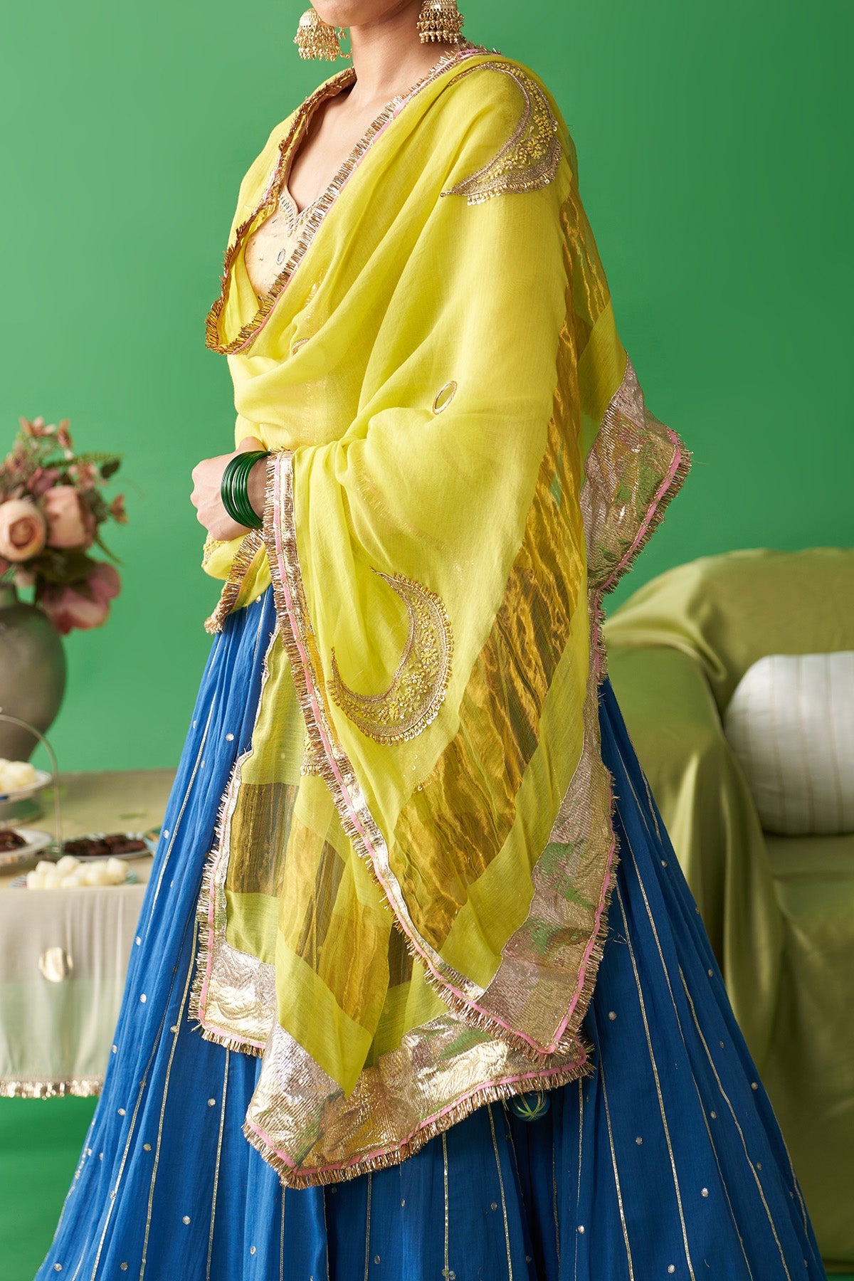Jhoom Cobalt Blue double layer lehenga with embroidered gold blouse and embroidered chand dupatta (set of 3)