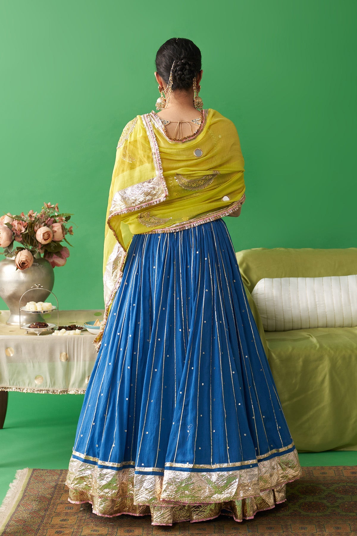 Jhoom Cobalt Blue double layer lehenga with embroidered gold blouse and embroidered chand dupatta (set of 3)