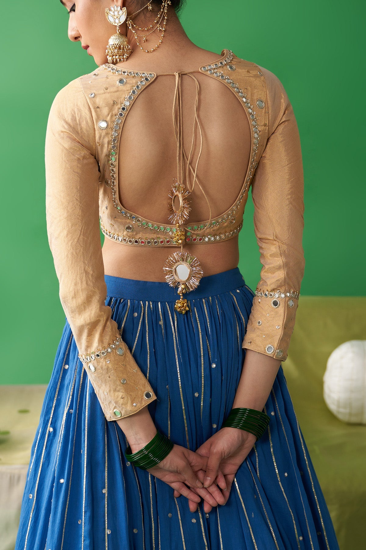 Jhoom Cobalt Blue double layer lehenga with embroidered gold blouse and embroidered chand dupatta (set of 3)