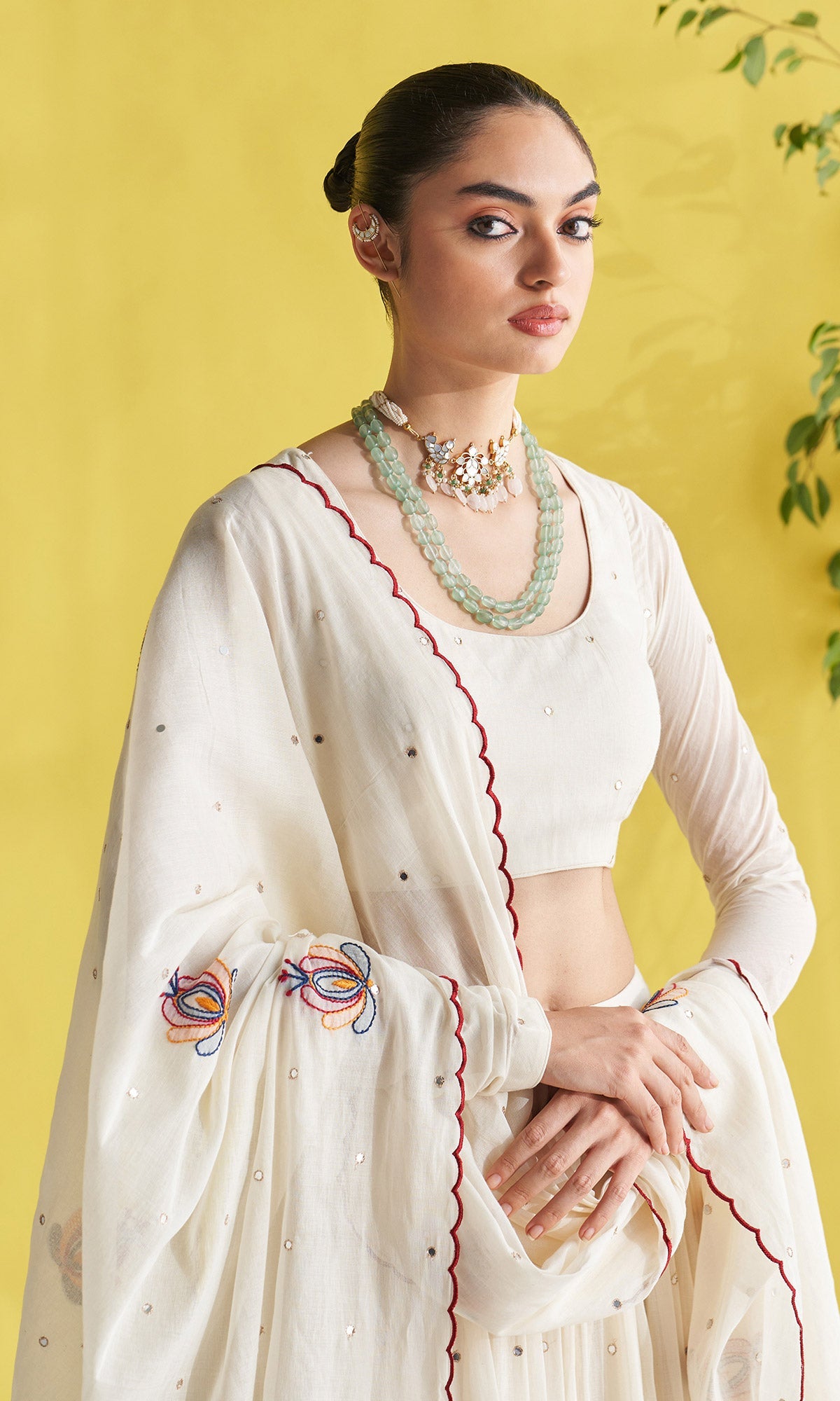 Gulmohar Ivory Lehenga With Blouse Paired With Chikankari Buti Dupatta (Set Of 3)