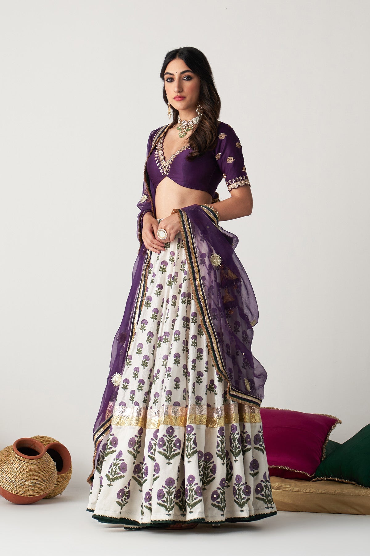 Pakeezah off white with purple block printed lehenga with blouse and dupatta (set of 3)