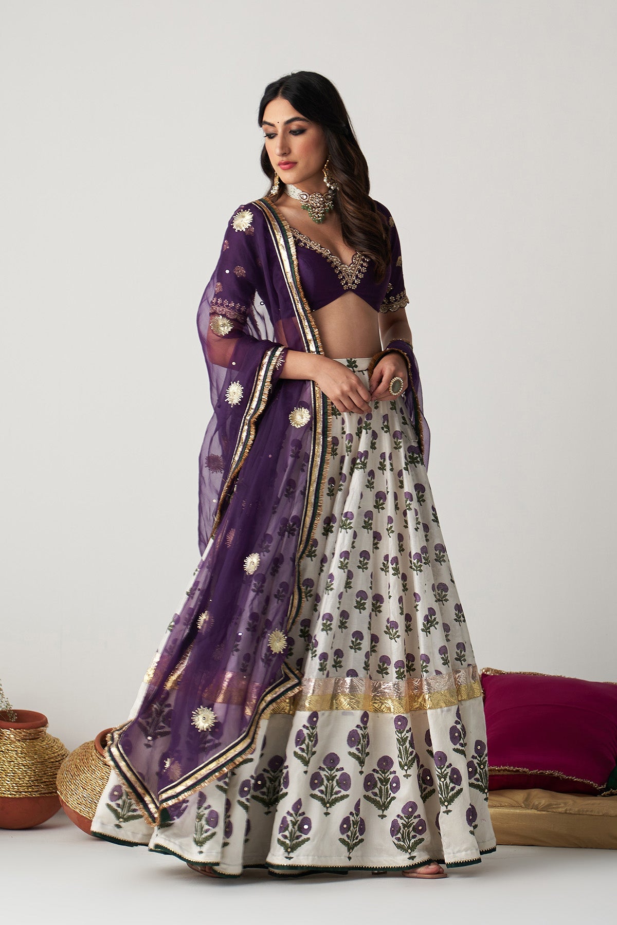 Pakeezah off white with purple block printed lehenga with blouse and dupatta (set of 3)