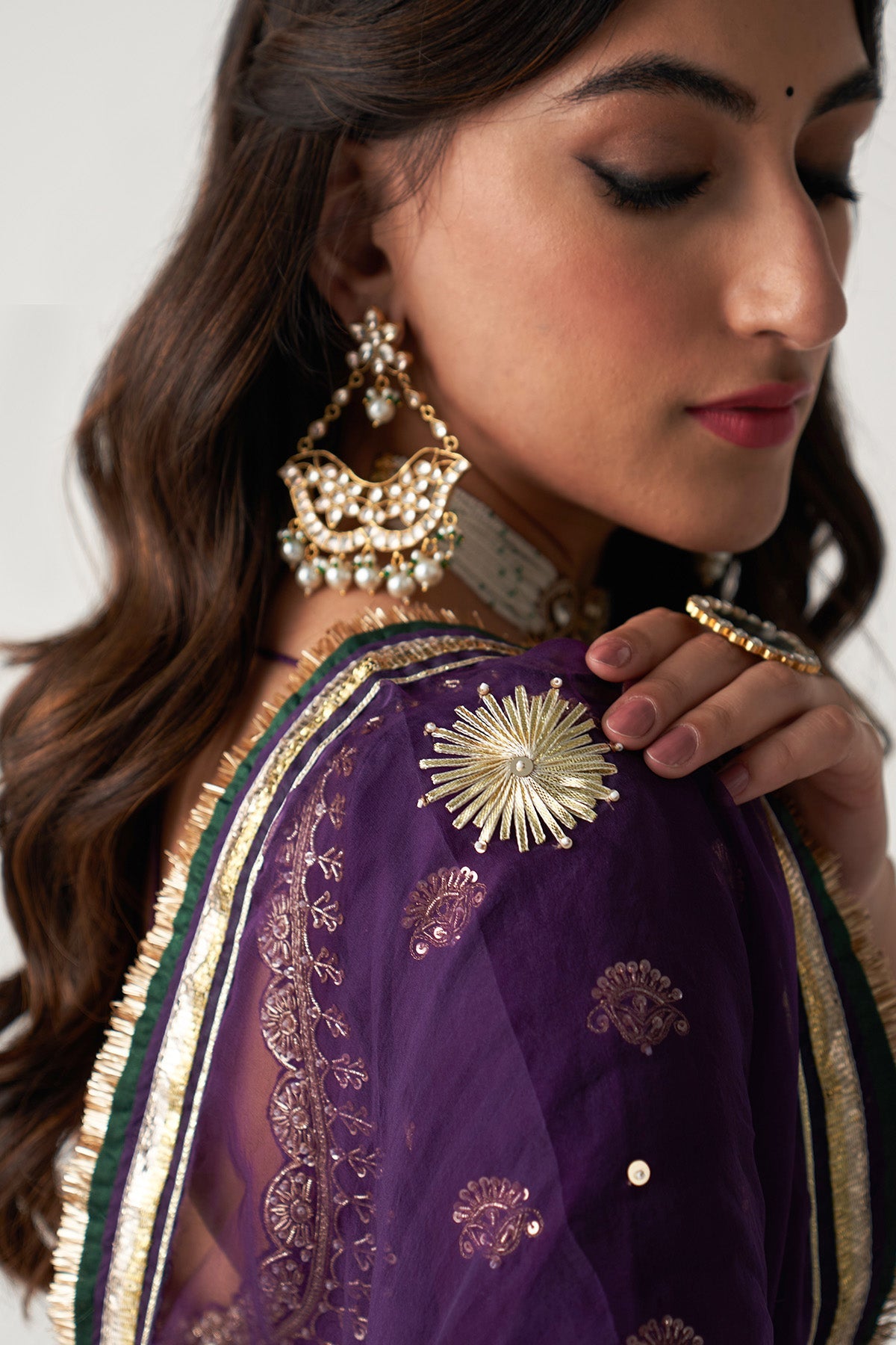 Pakeezah off white with purple block printed lehenga with blouse and dupatta (set of 3)