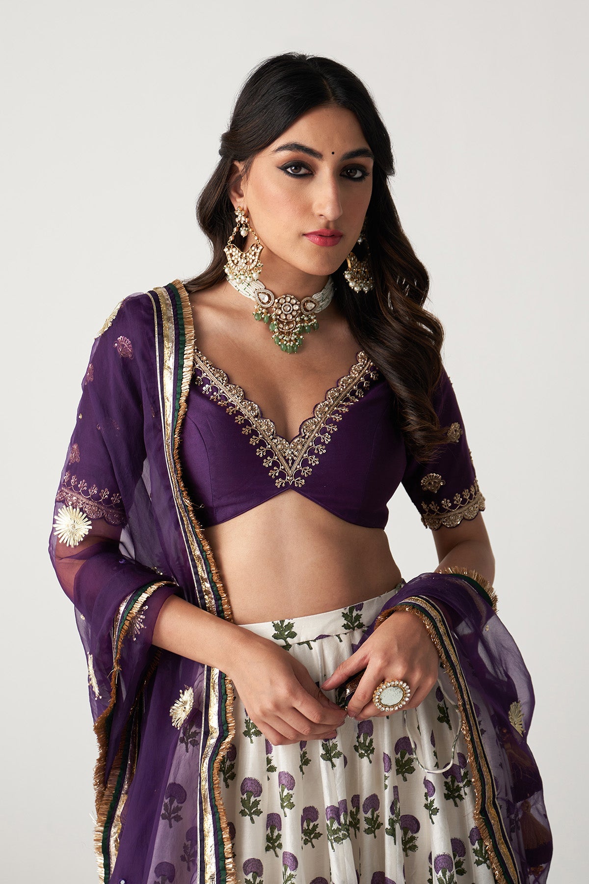 Pakeezah off white with purple block printed lehenga with blouse and dupatta (set of 3)
