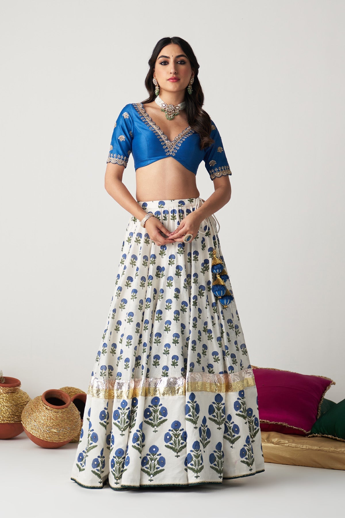 Pakeezah white with cobalt blue block printed lehenga with blouse and dupatta (set of 3)