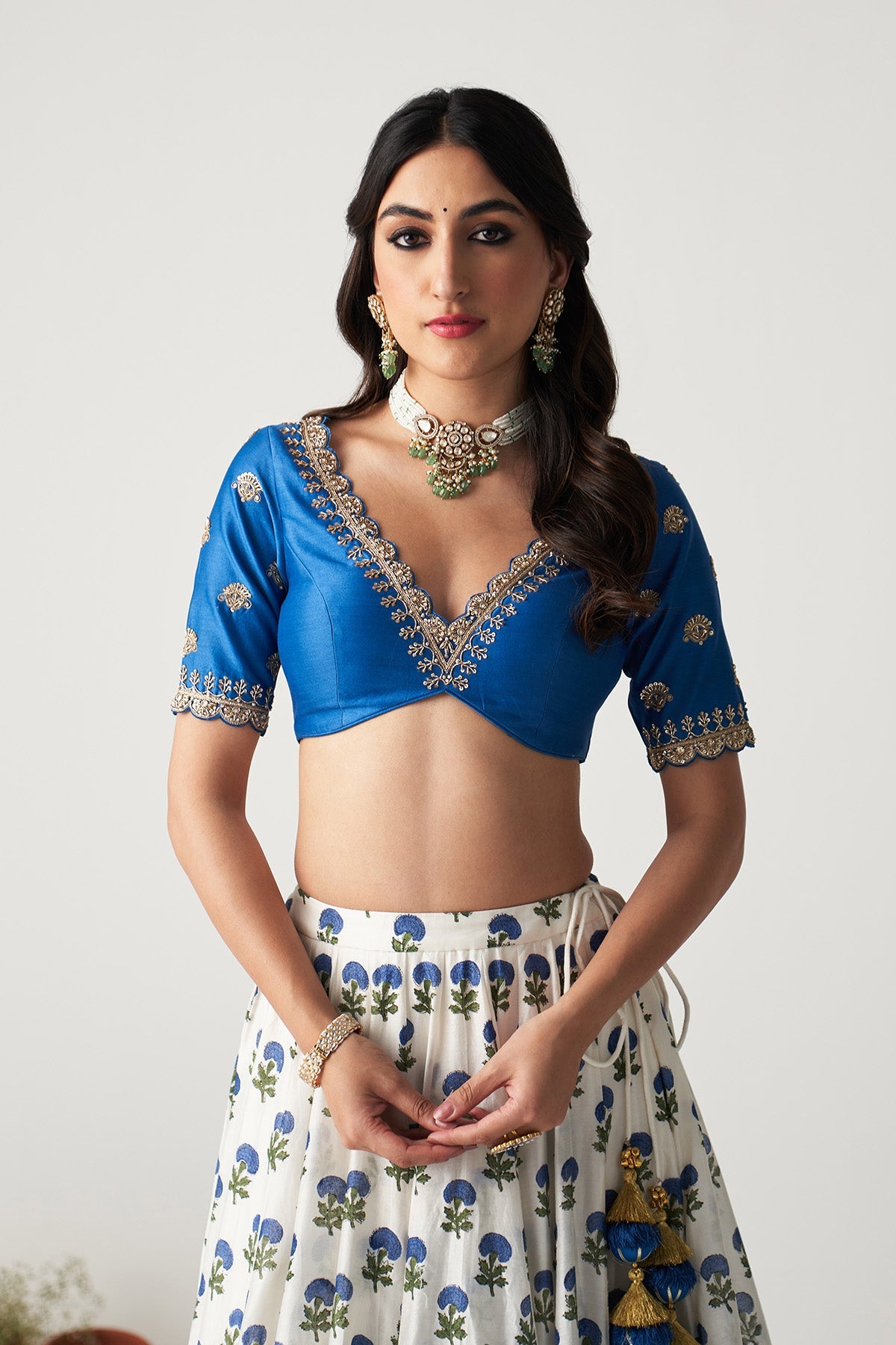 Pakeezah white with cobalt blue block printed lehenga with blouse and dupatta (set of 3)