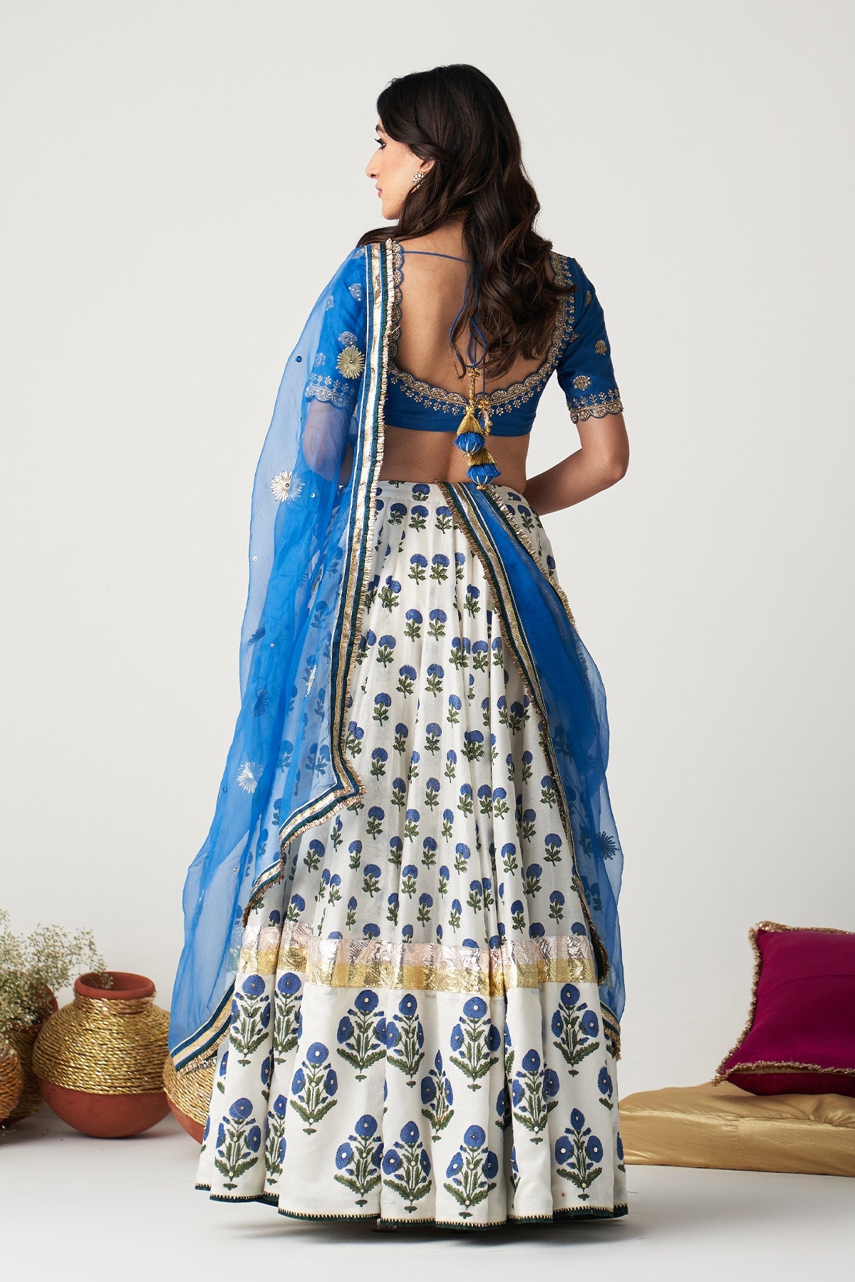 Pakeezah white with cobalt blue block printed lehenga with blouse and dupatta (set of 3)