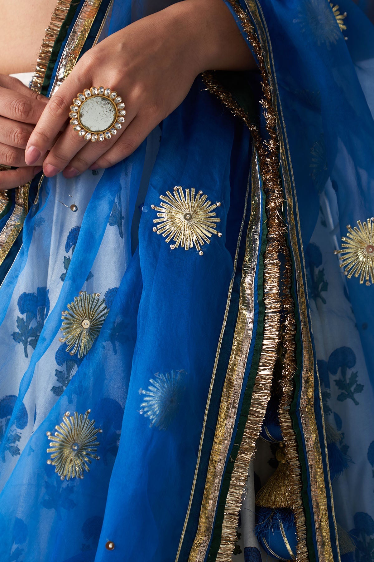 Pakeezah white with cobalt blue block printed lehenga with blouse and dupatta (set of 3)