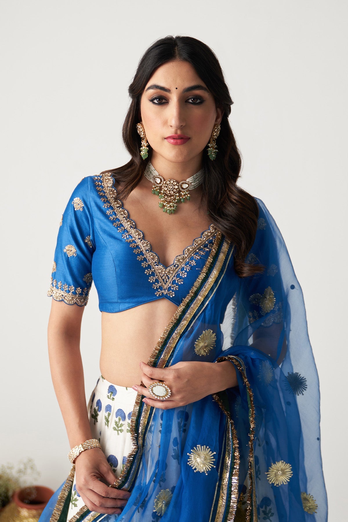 Pakeezah white with cobalt blue block printed lehenga with blouse and dupatta (set of 3)