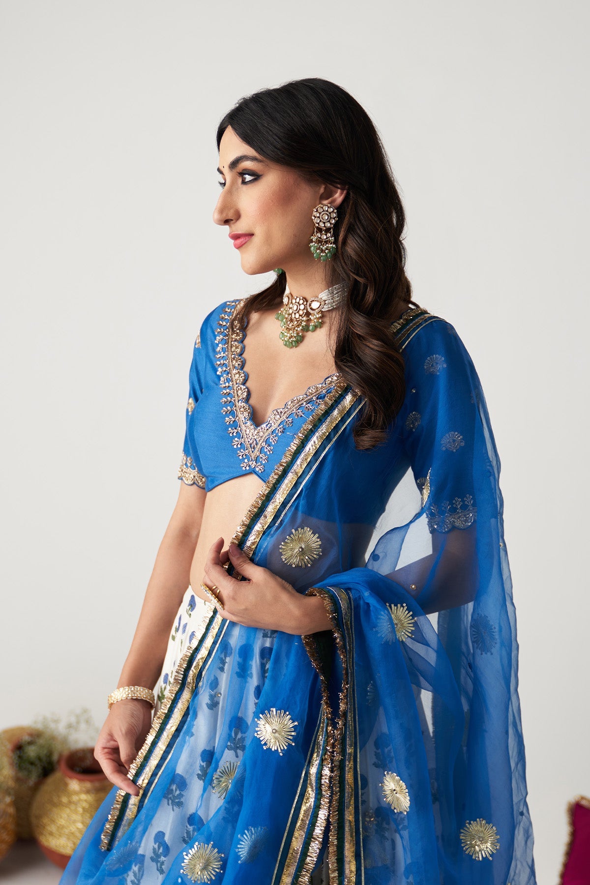 Pakeezah white with cobalt blue block printed lehenga with blouse and dupatta (set of 3)