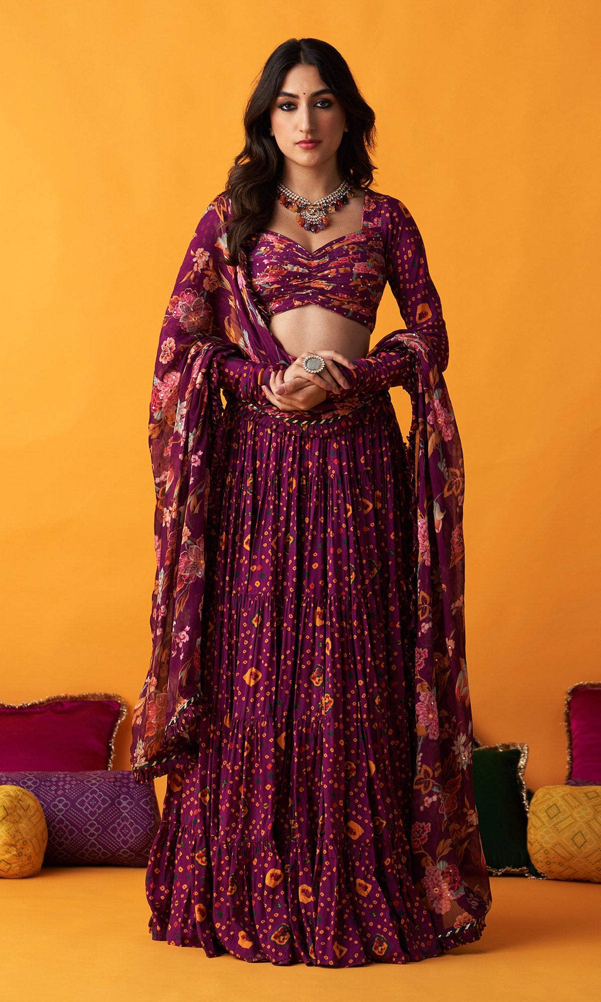 Rangreza 2.0 Bandhani Wine Tiered Lehenga with Pleated Blouse and Dupatta (Set of 3)