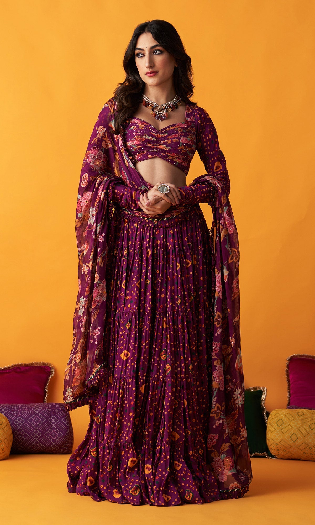 Rangreza 2.0 Bandhani Wine Tiered Lehenga with Pleated Blouse and Dupatta (Set of 3)