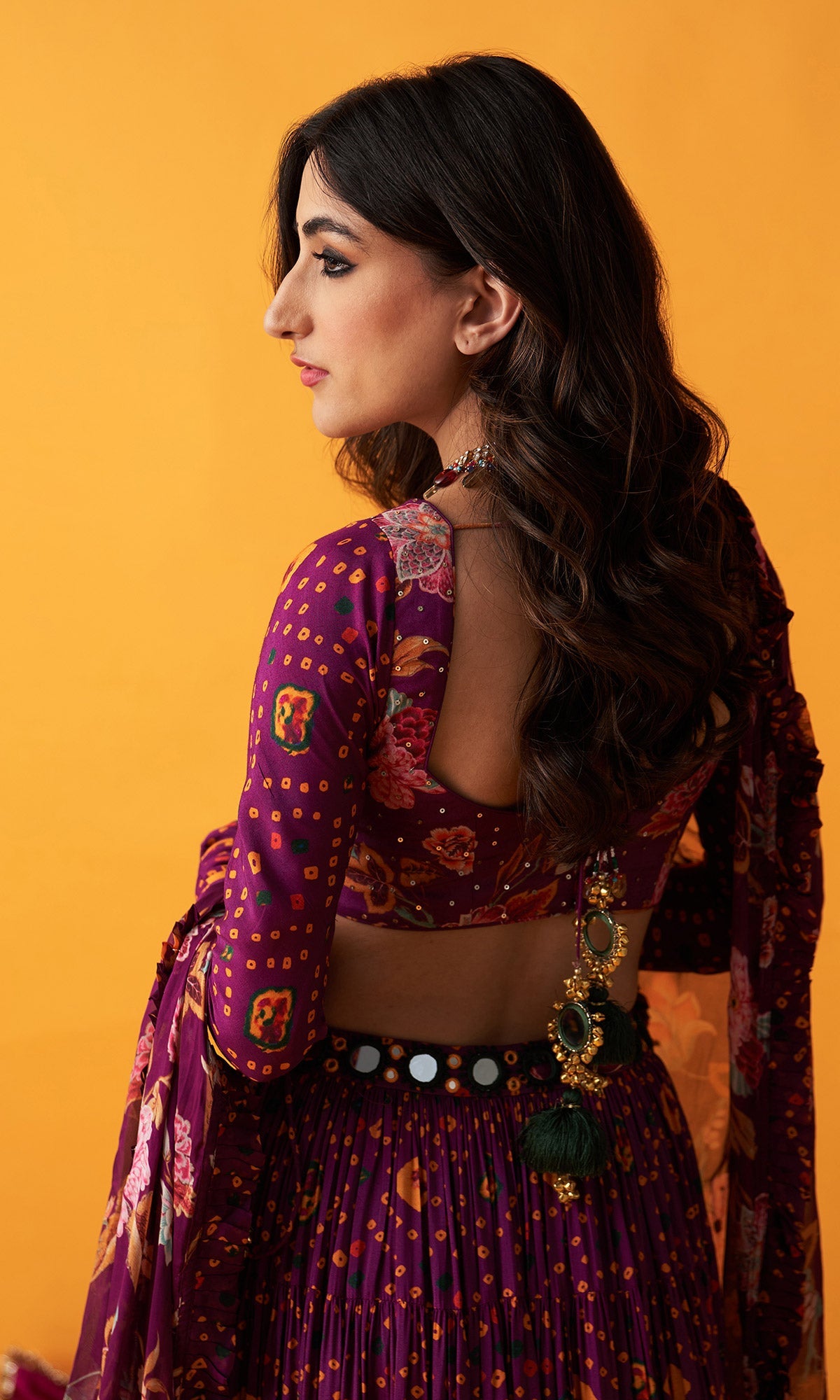 Rangreza 2.0 Bandhani Wine Tiered Lehenga with Pleated Blouse and Dupatta (Set of 3)