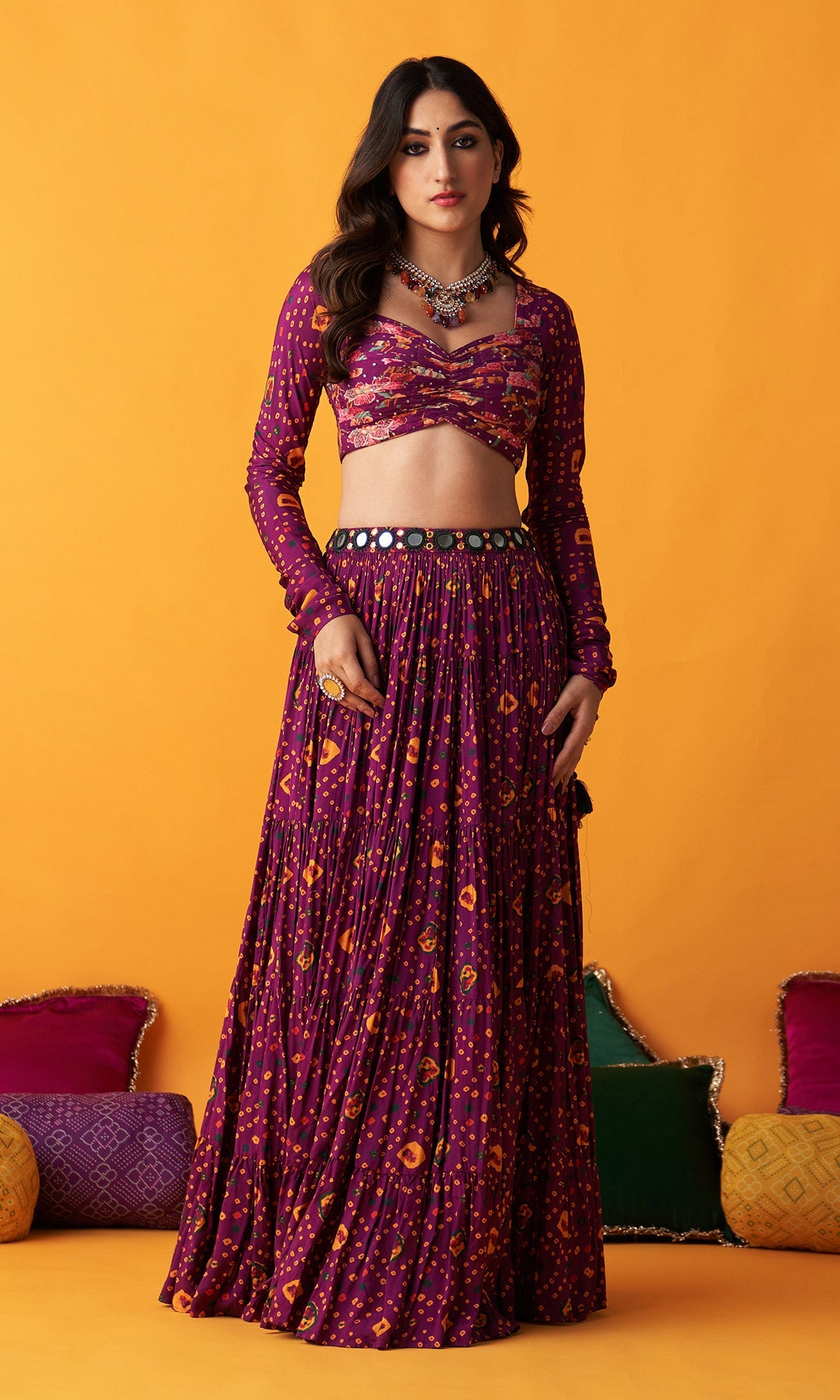 Rangreza 2.0 Bandhani Wine Tiered Lehenga with Pleated Blouse and Dupatta (Set of 3)