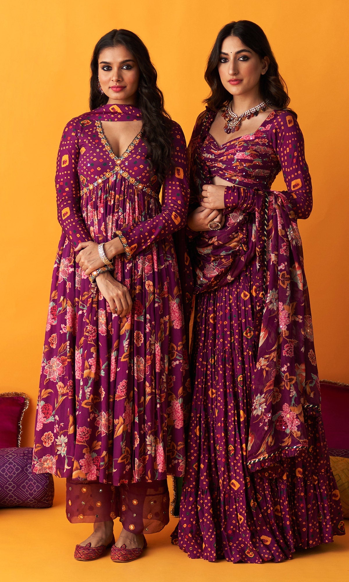Rangreza 2.0 Bandhani Wine Tiered Lehenga with Pleated Blouse and Dupatta (Set of 3)