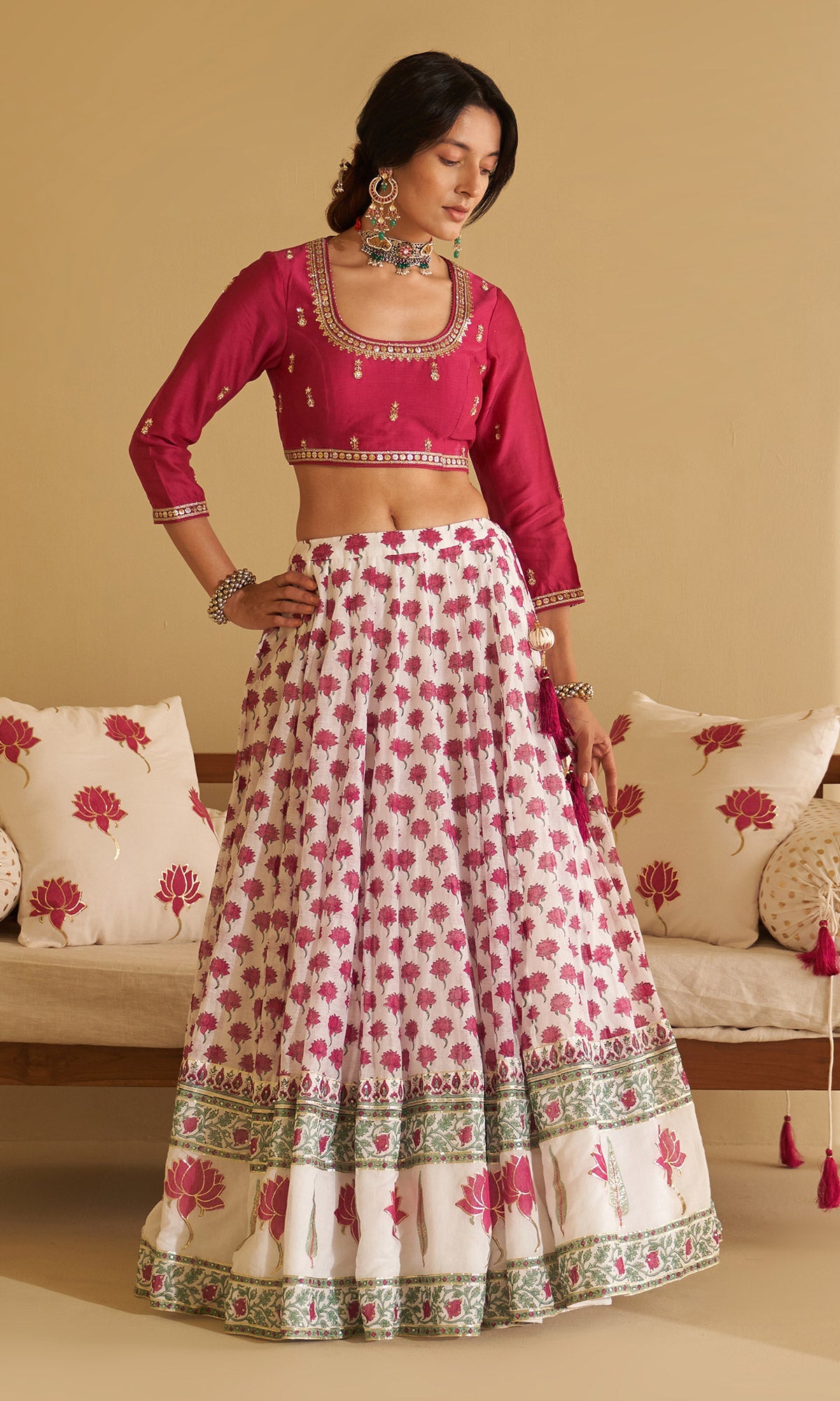 Malasa Pink Hand Block Printed Lehenga, Solid Pink Blouse with Solid Green Dupatta Set of 3