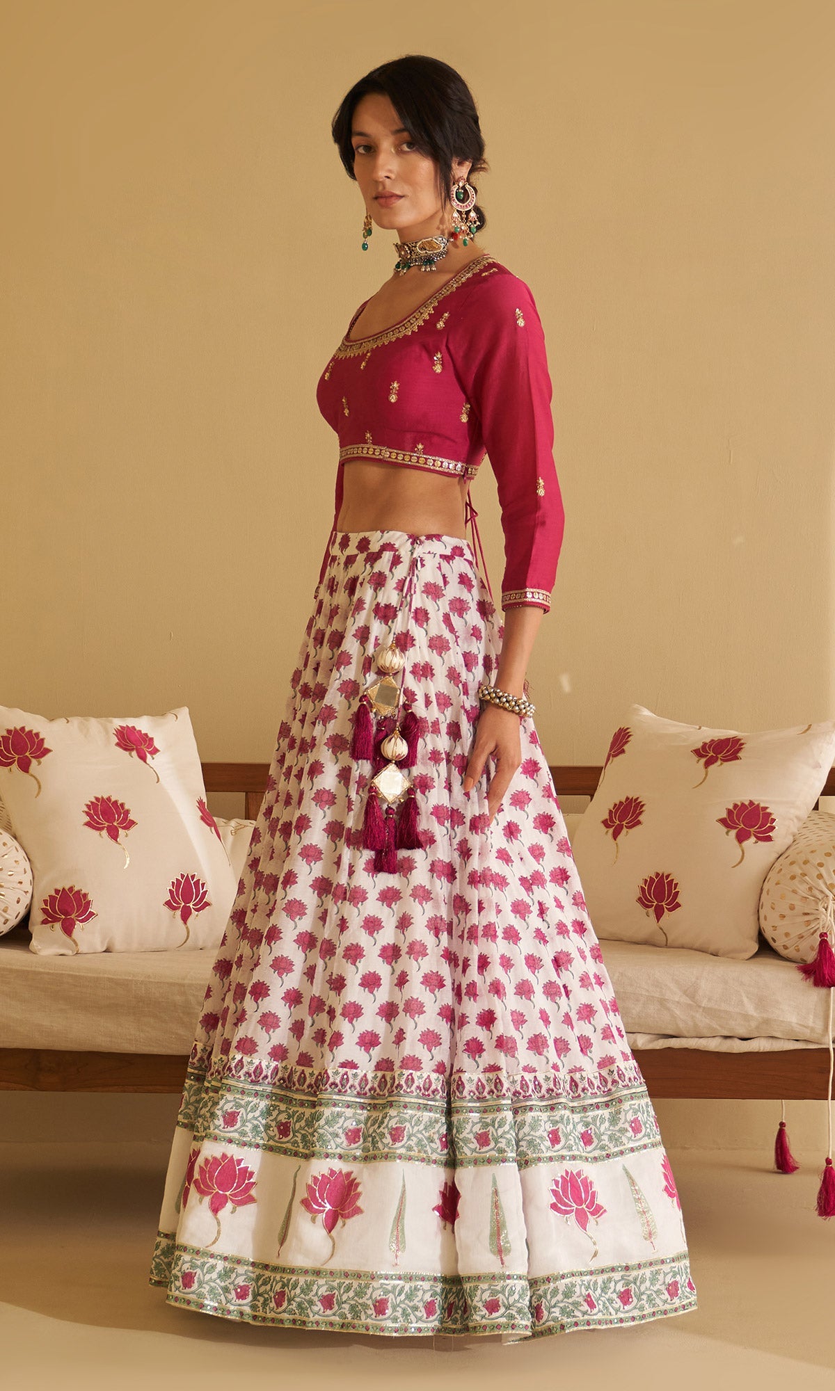 Malasa Pink Hand Block Printed Lehenga, Solid Pink Blouse with Solid Green Dupatta Set of 3
