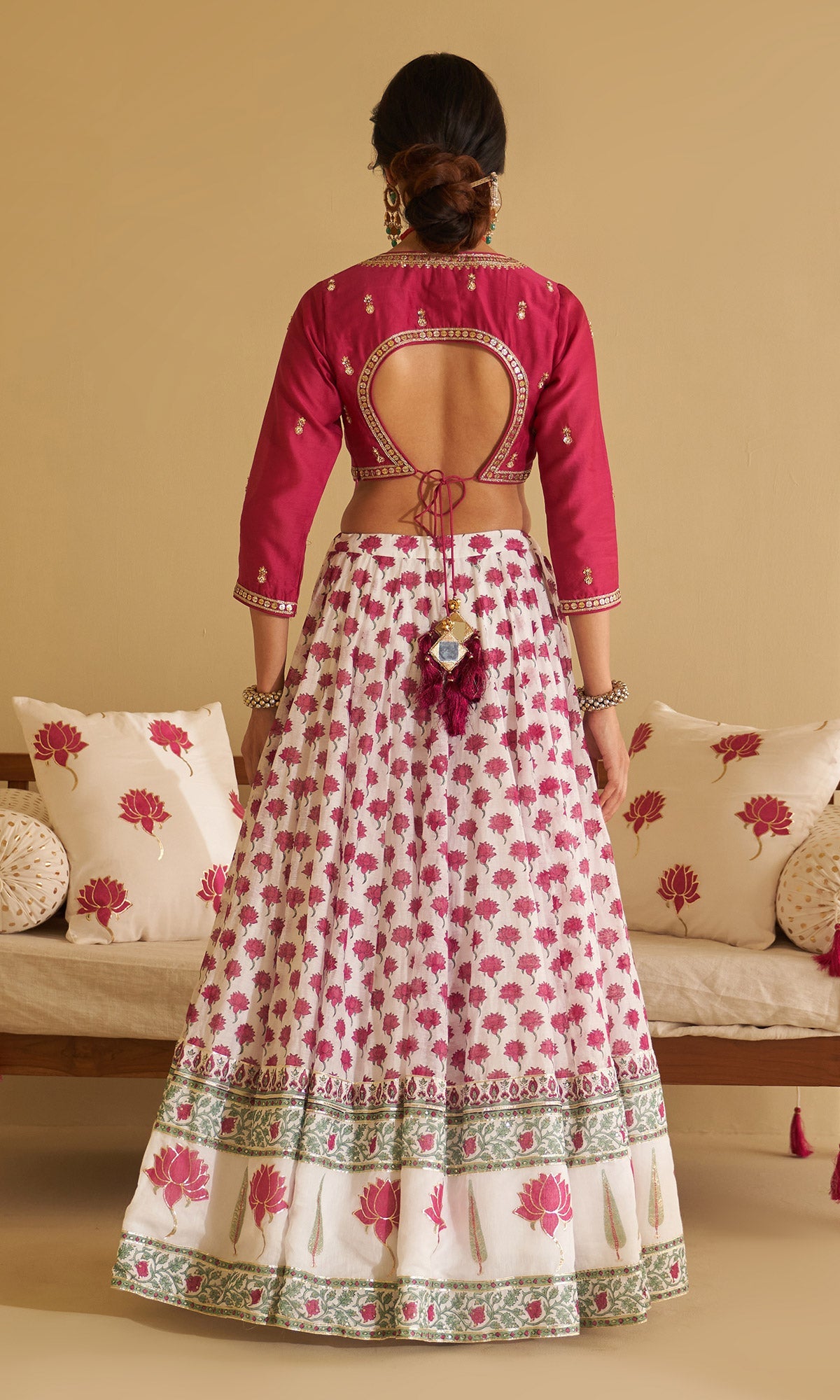 Malasa Pink Hand Block Printed Lehenga, Solid Pink Blouse with Solid Green Dupatta Set of 3