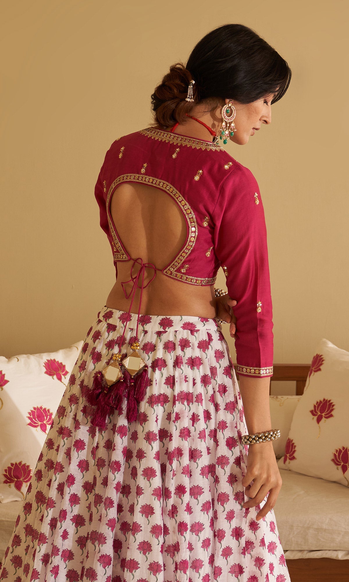 Malasa Pink Hand Block Printed Lehenga, Solid Pink Blouse with Solid Green Dupatta Set of 3