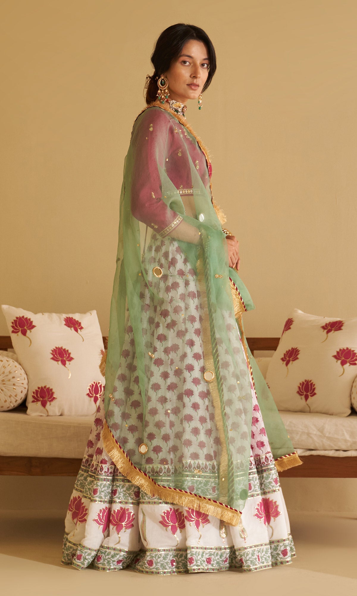 Malasa Pink Hand Block Printed Lehenga, Solid Pink Blouse with Solid Green Dupatta Set of 3