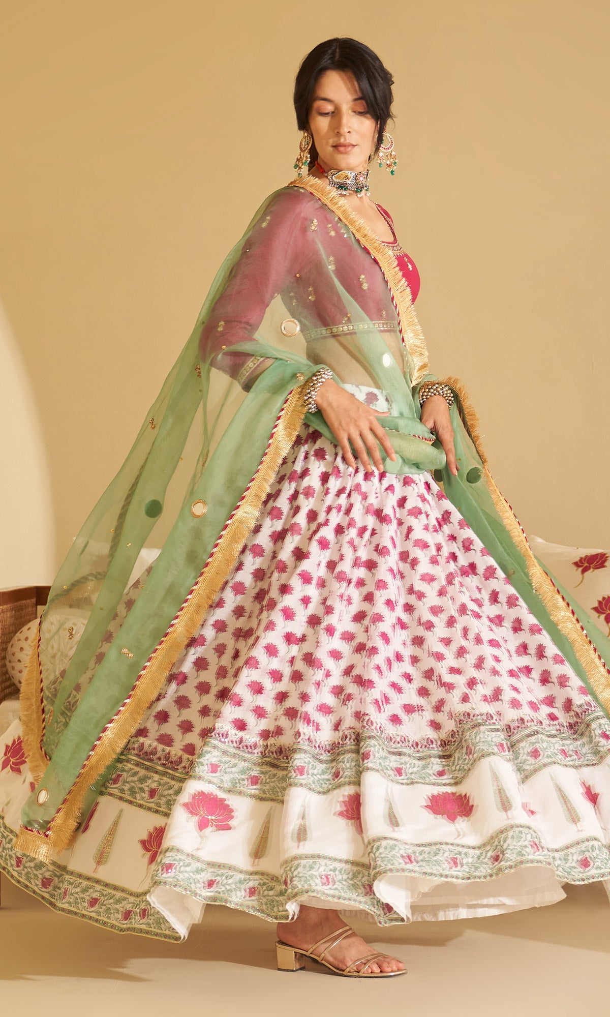 Malasa Pink Hand Block Printed Lehenga, Solid Pink Blouse with Solid Green Dupatta Set of 3