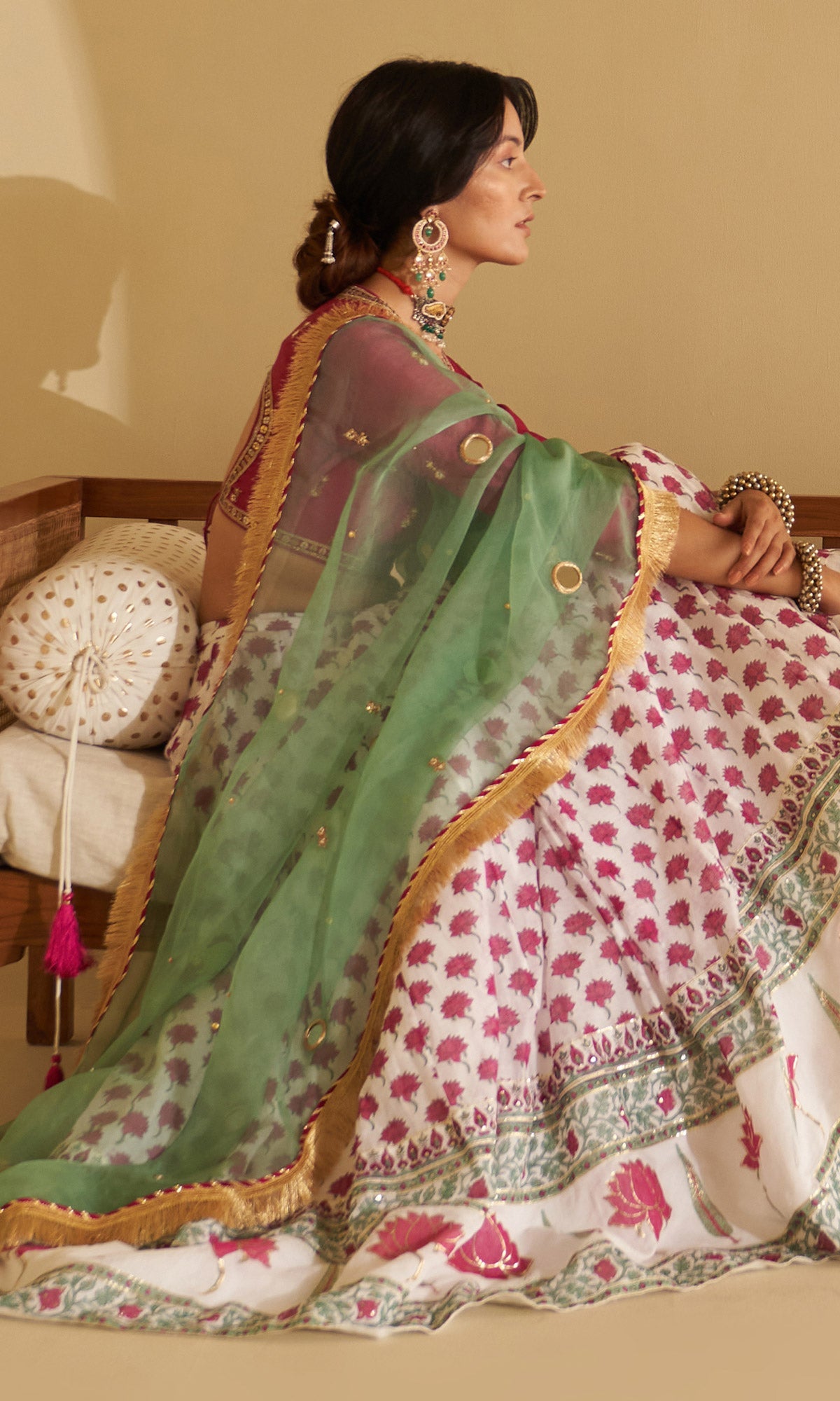 Malasa Pink Hand Block Printed Lehenga, Solid Pink Blouse with Solid Green Dupatta Set of 3