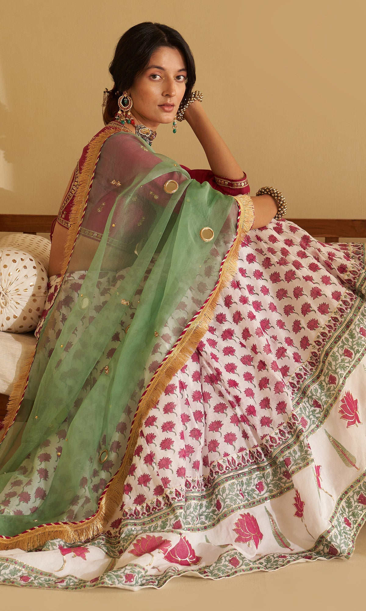 Malasa Pink Hand Block Printed Lehenga, Solid Pink Blouse with Solid Green Dupatta Set of 3
