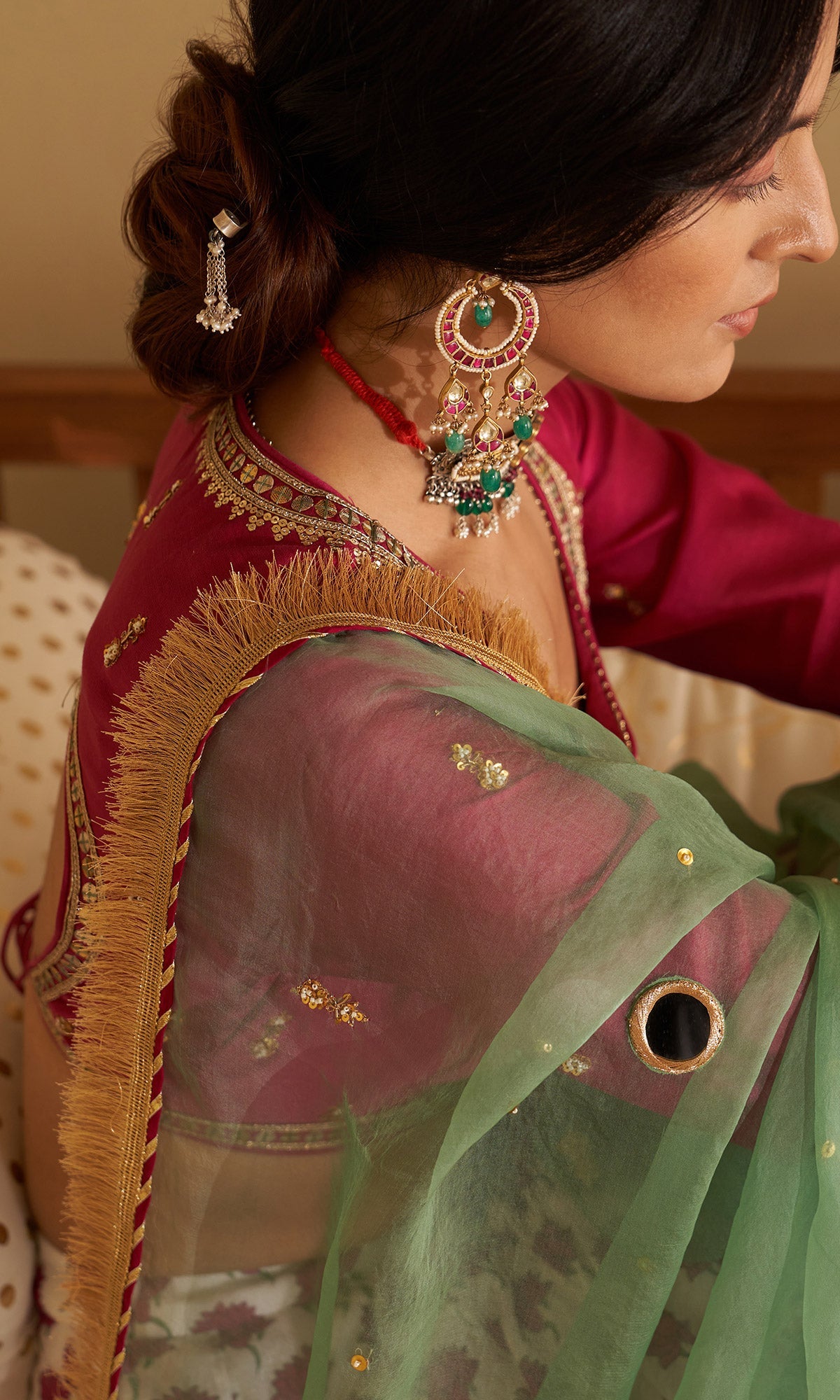 Malasa Pink Hand Block Printed Lehenga, Solid Pink Blouse with Solid Green Dupatta Set of 3