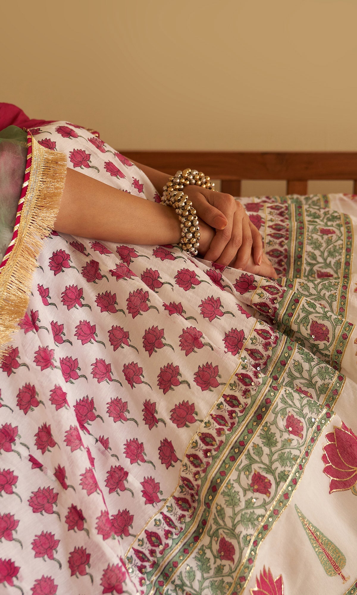 Malasa Pink Hand Block Printed Lehenga, Solid Pink Blouse with Solid Green Dupatta Set of 3