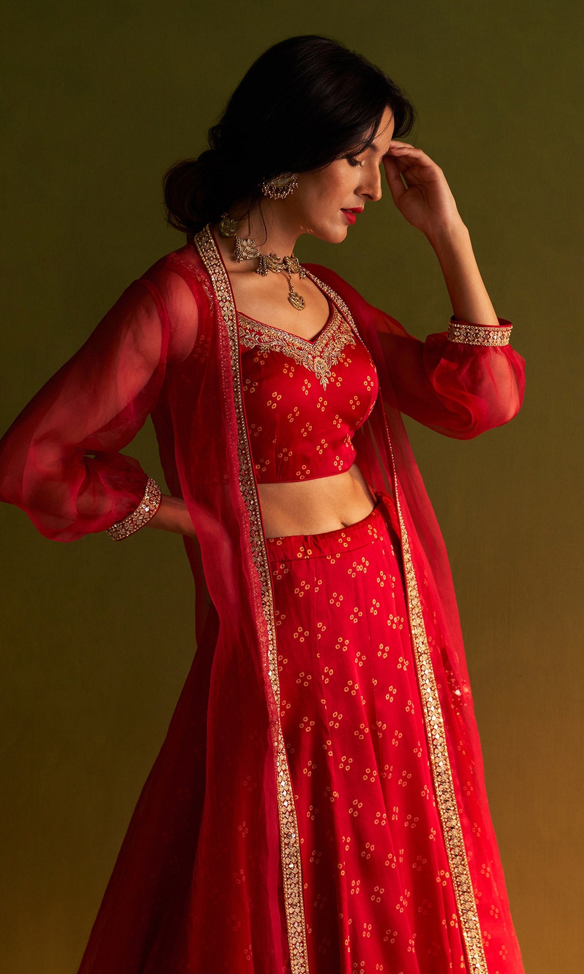 Rangreza Bandhej Red Lehnga Blouse And Jacket Set Of 3