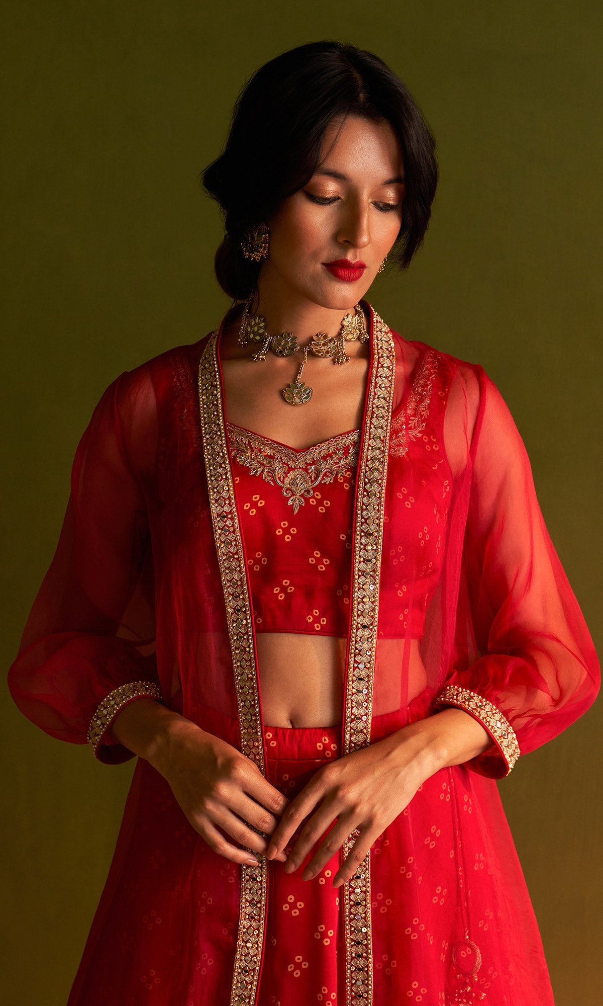 Rangreza Bandhej Red Lehnga Blouse And Jacket Set Of 3